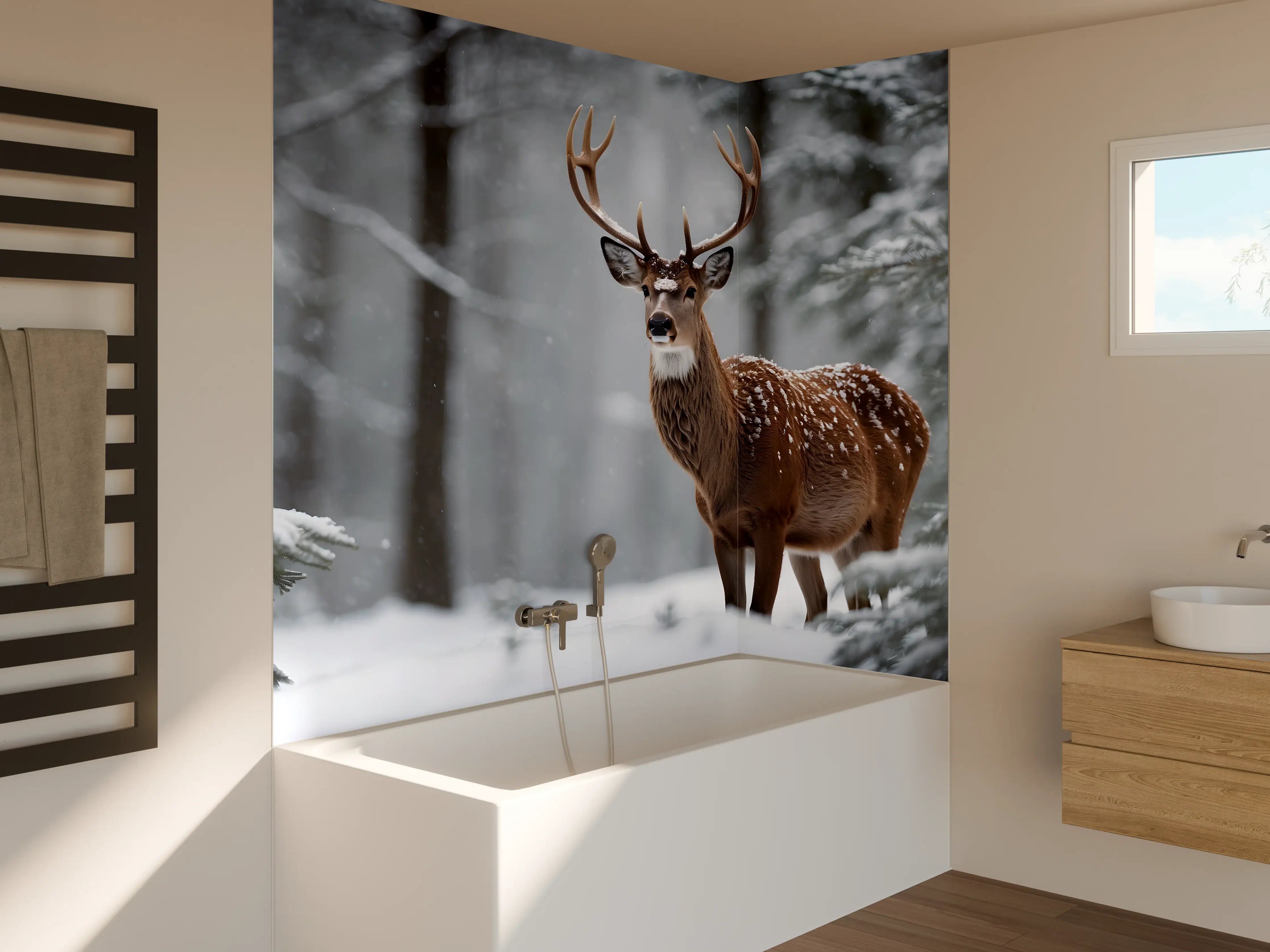 Badewannen-Rückwand - Hirsch im verschneiten Wald