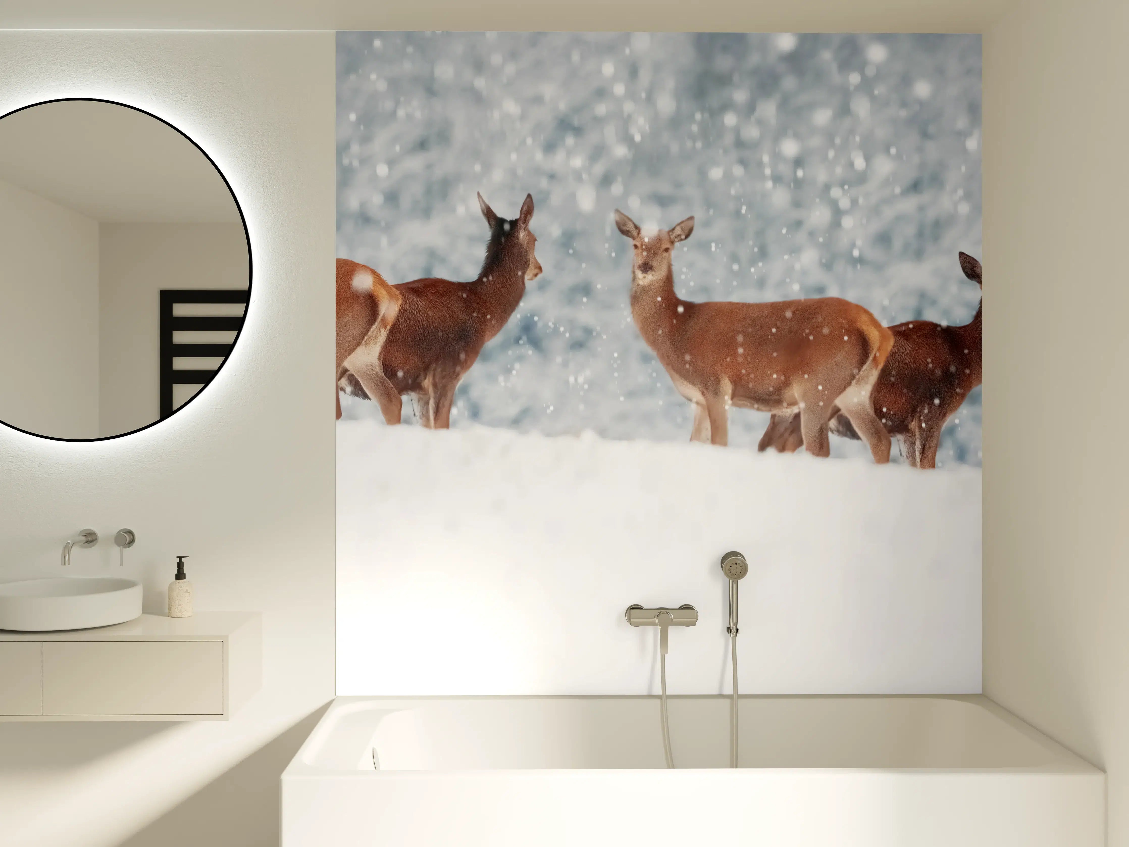 Badewannen-Rückwand - Hirsche im weißen Winterpanorama