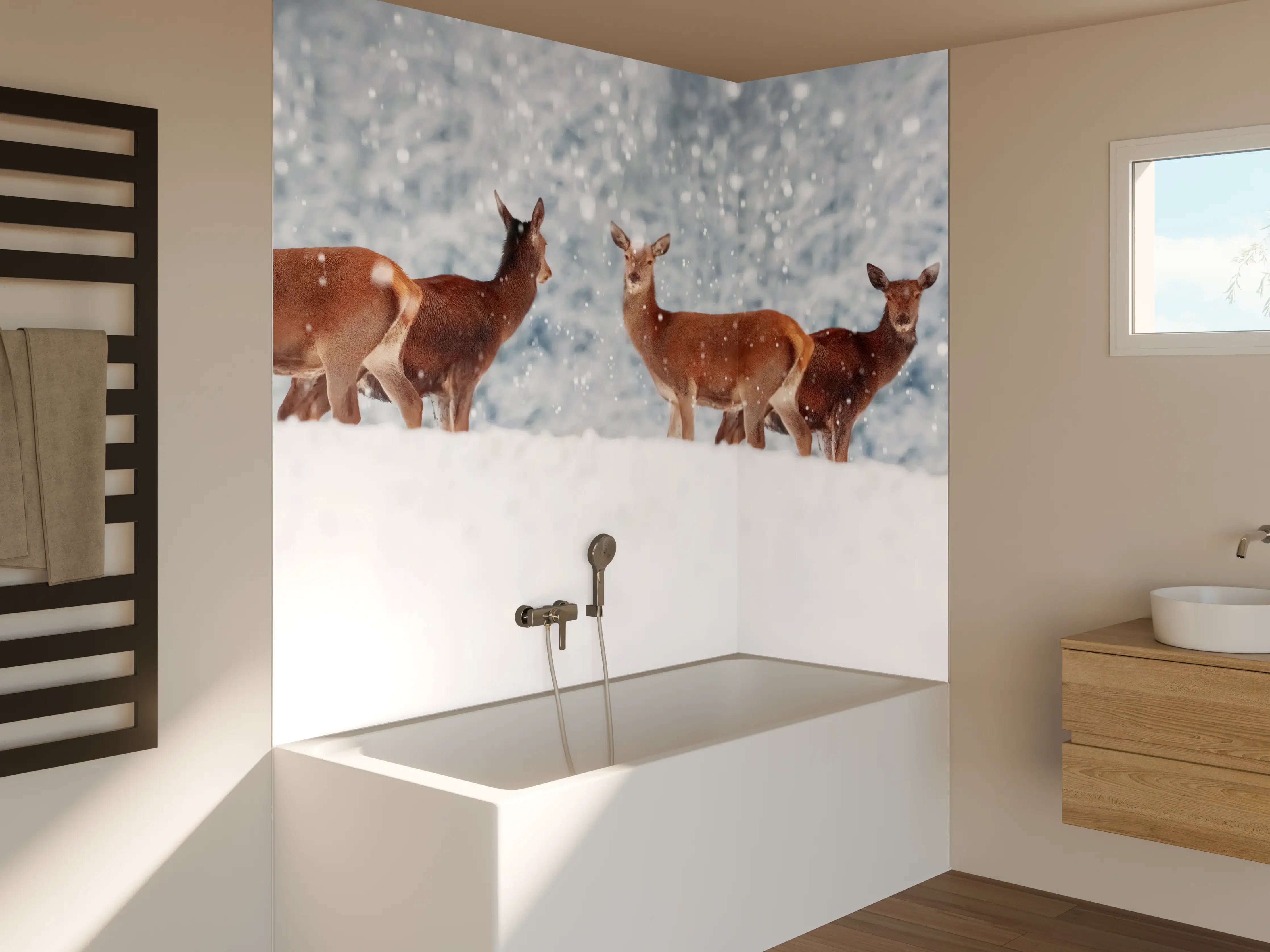 Badewannen-Rückwand - Hirsche im weißen Winterpanorama