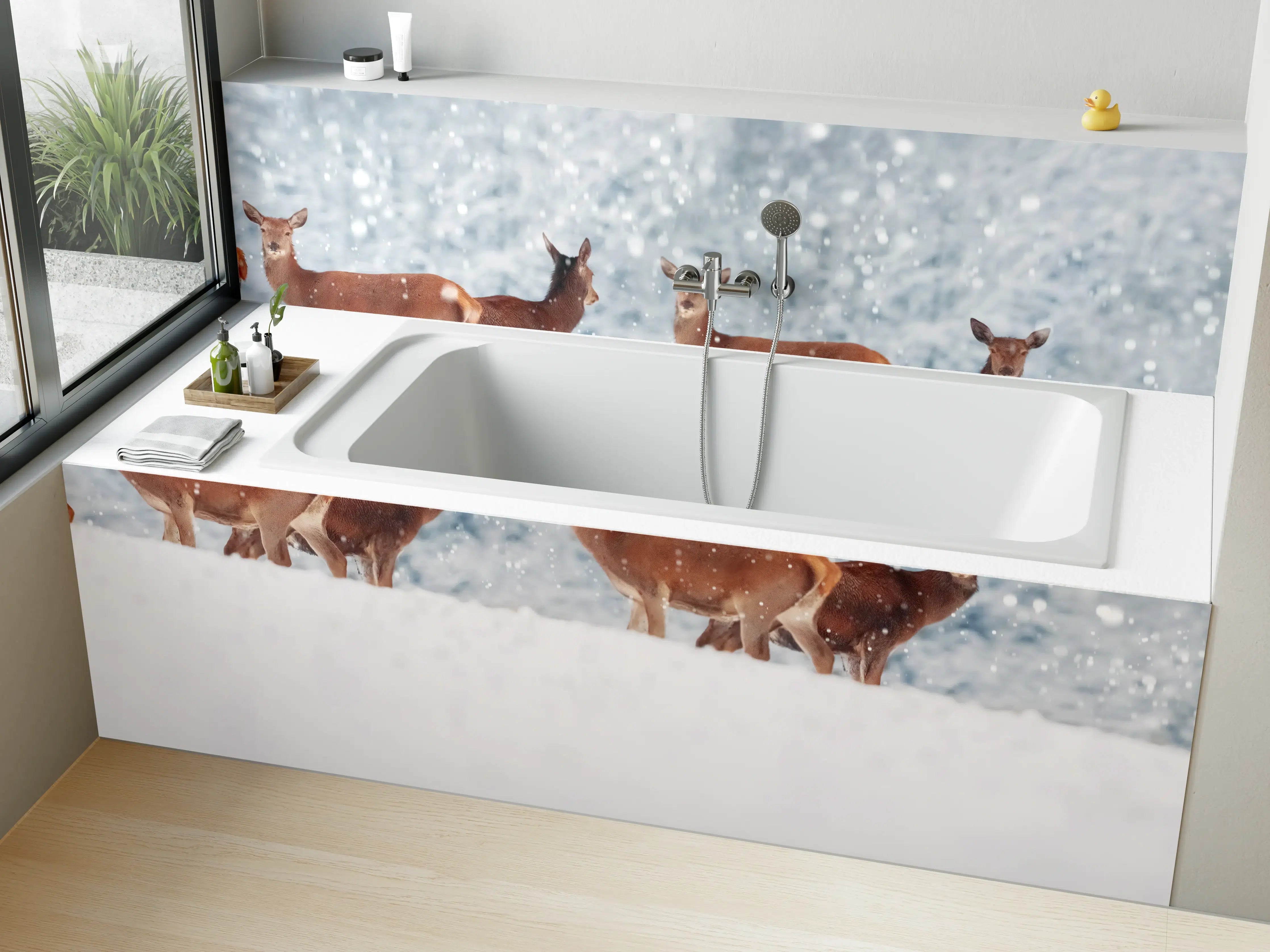 Badewannen-Rückwand - Hirsche im weißen Winterpanorama