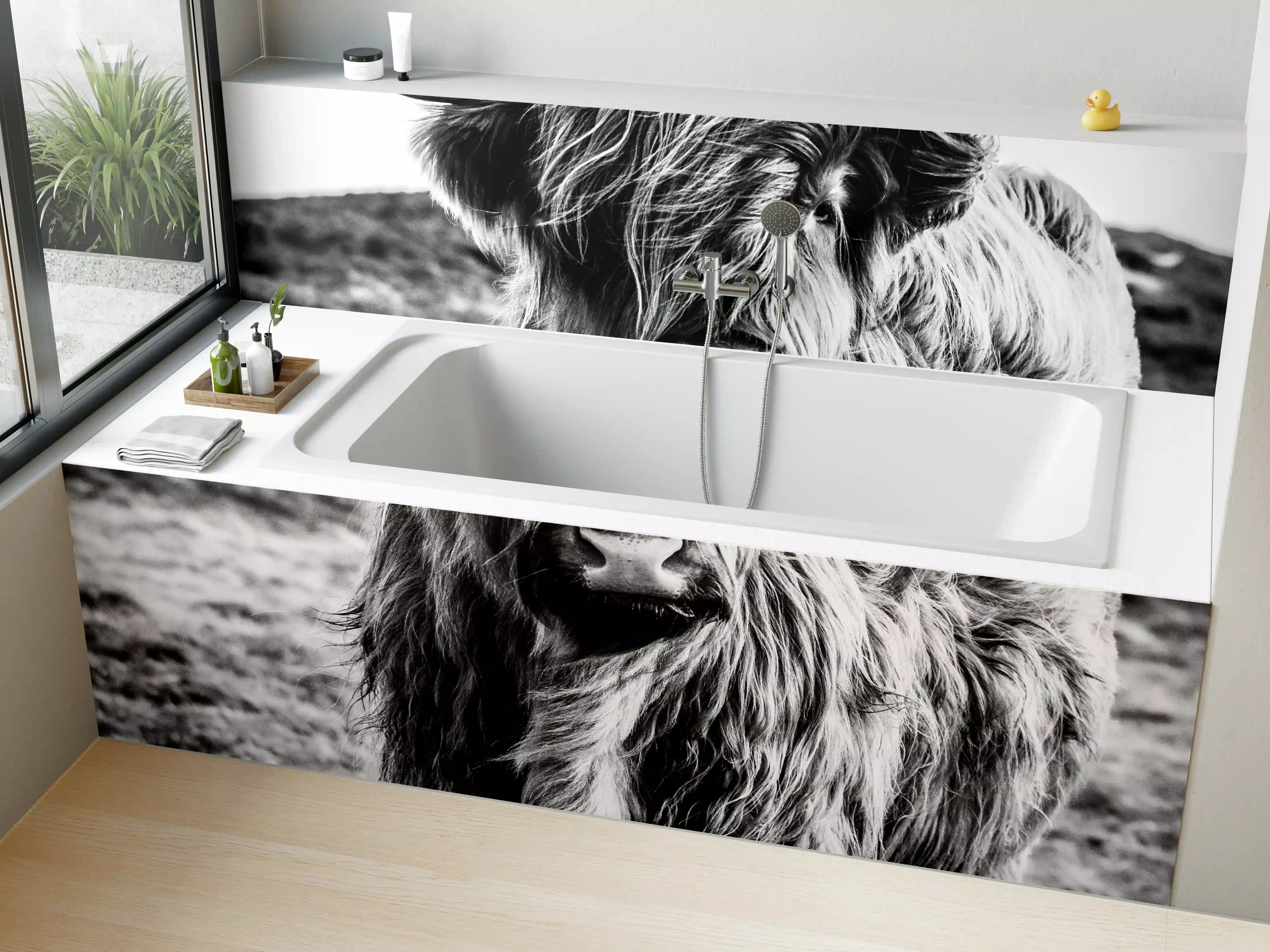 Badewannen-Rückwand - Hochlandkuh in Schwarz-weiß