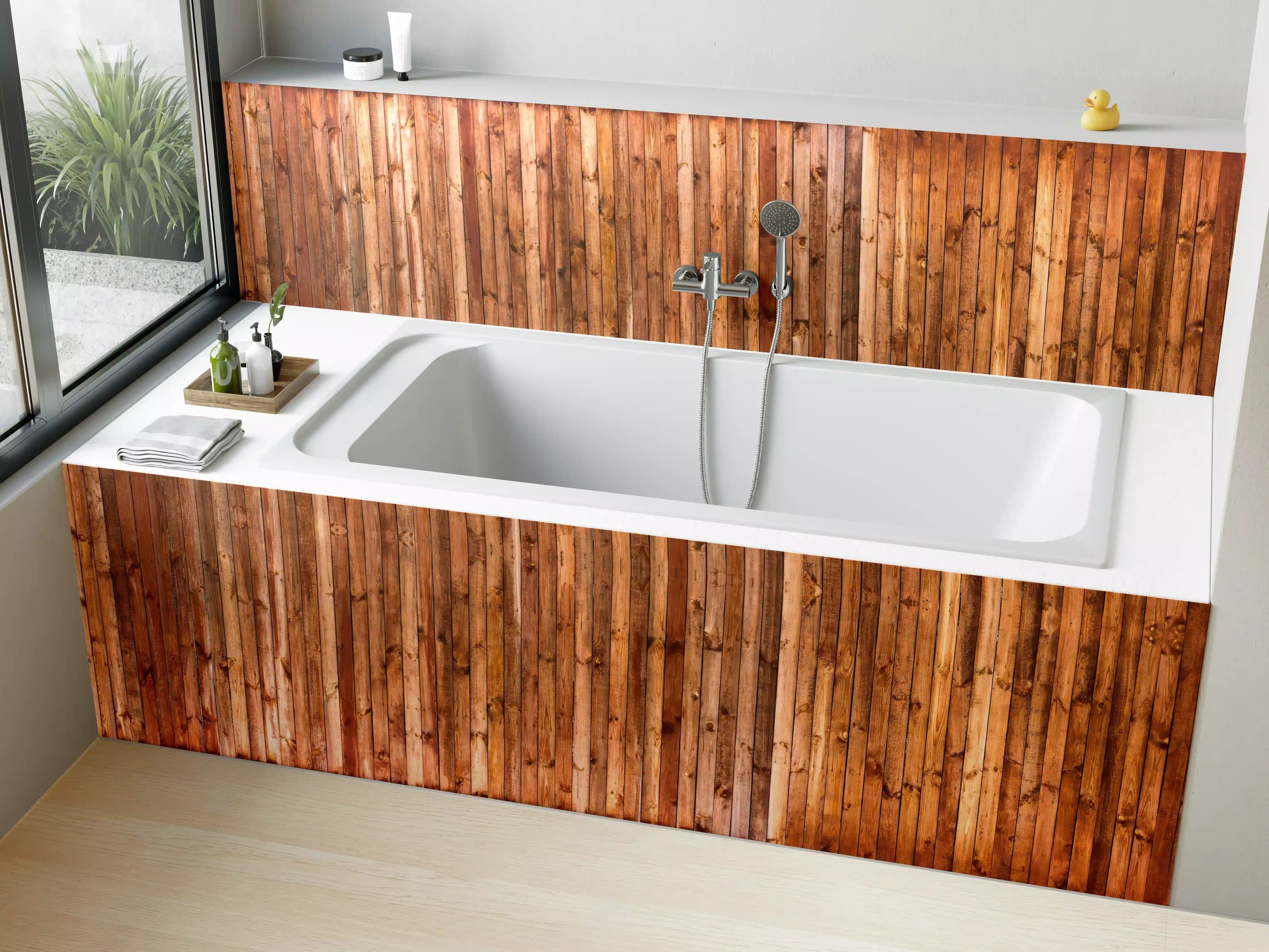 Badewannen-Rückwand - Holzpaneele in warmen Tönen