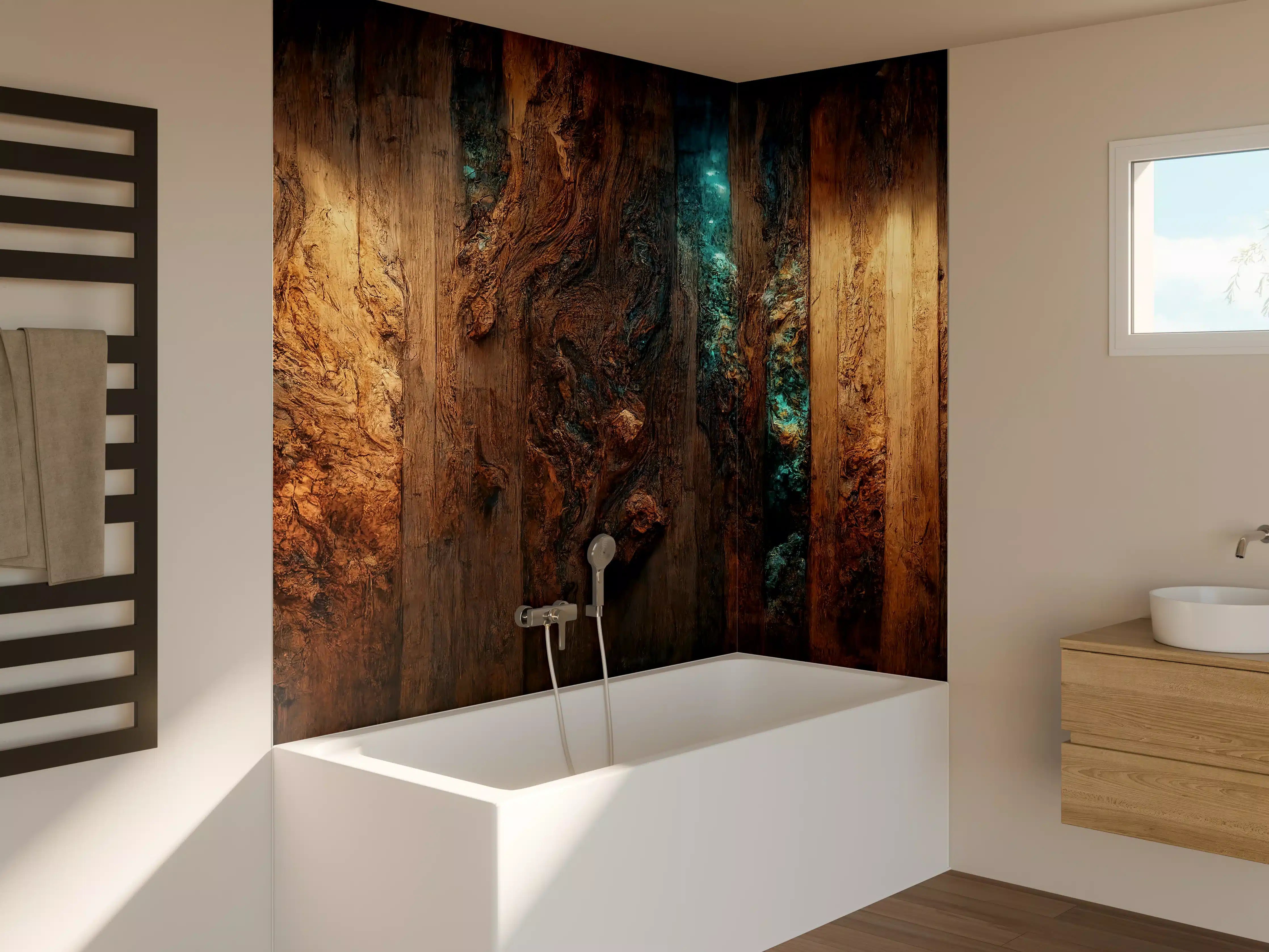 Badewannen-Rückwand - Holztisch mit blauen Epoxidharz