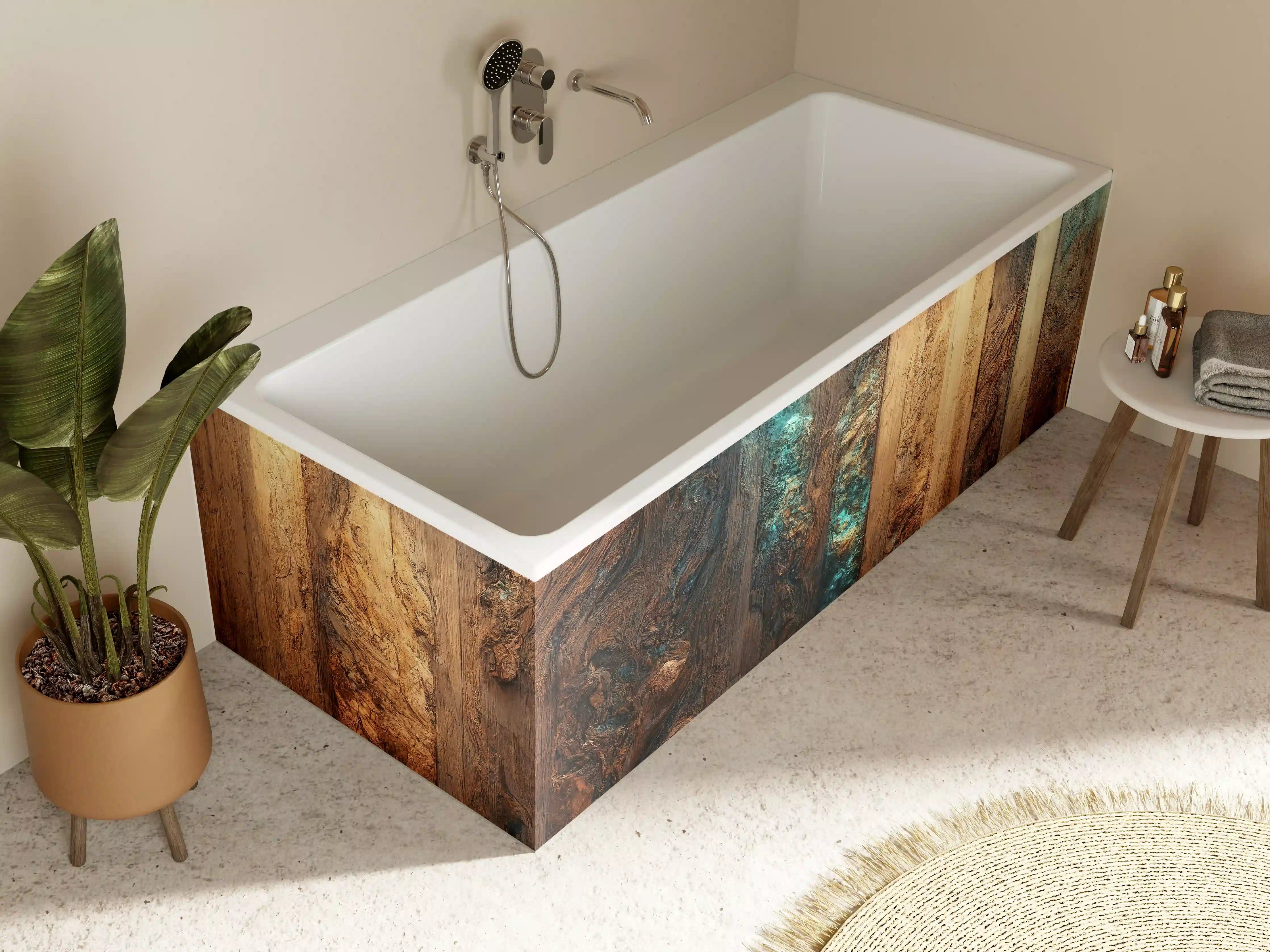 Badewannen-Rückwand - Holztisch mit blauen Epoxidharz