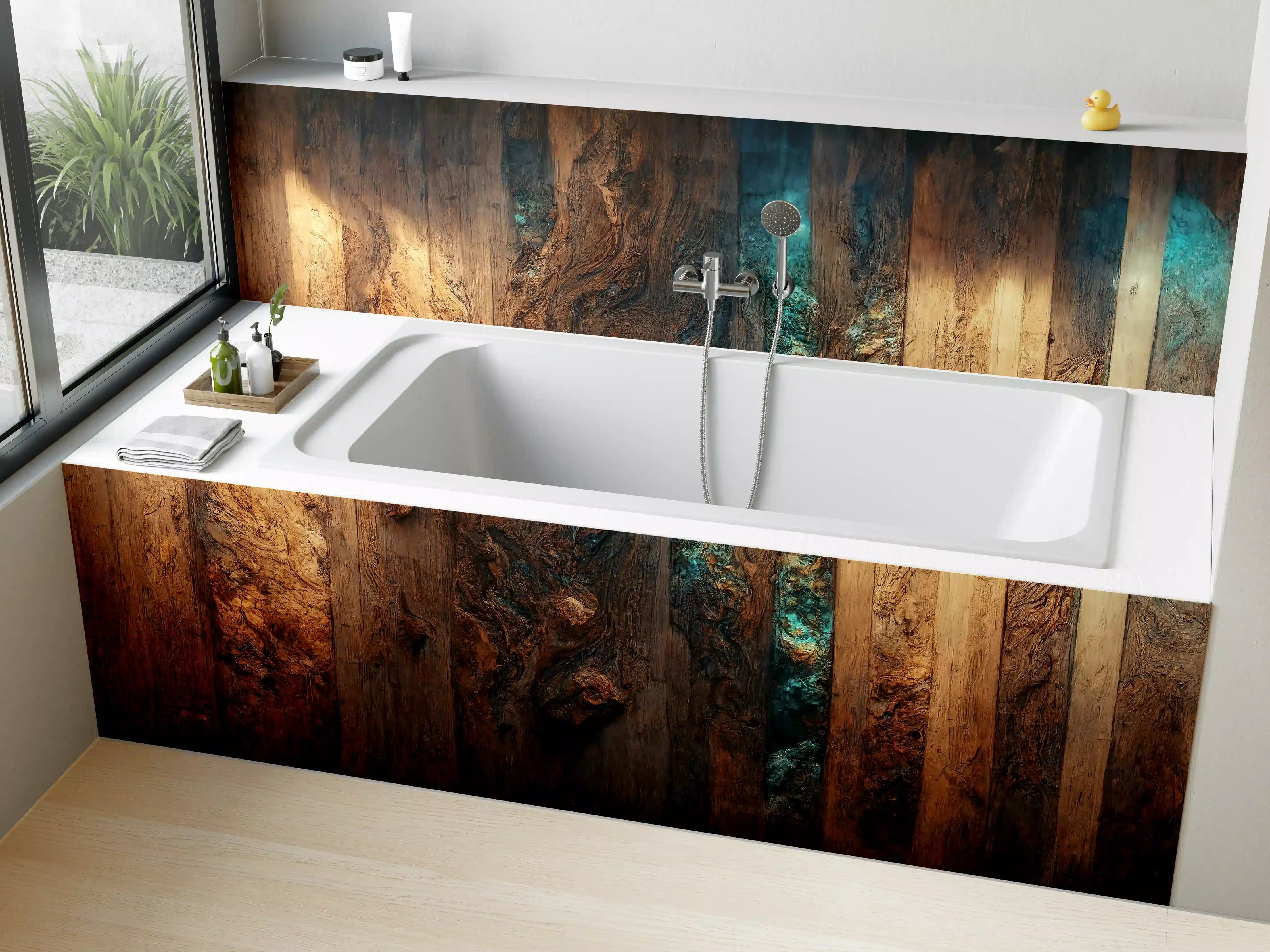 Badewannen-Rückwand - Holztisch mit blauen Epoxidharz