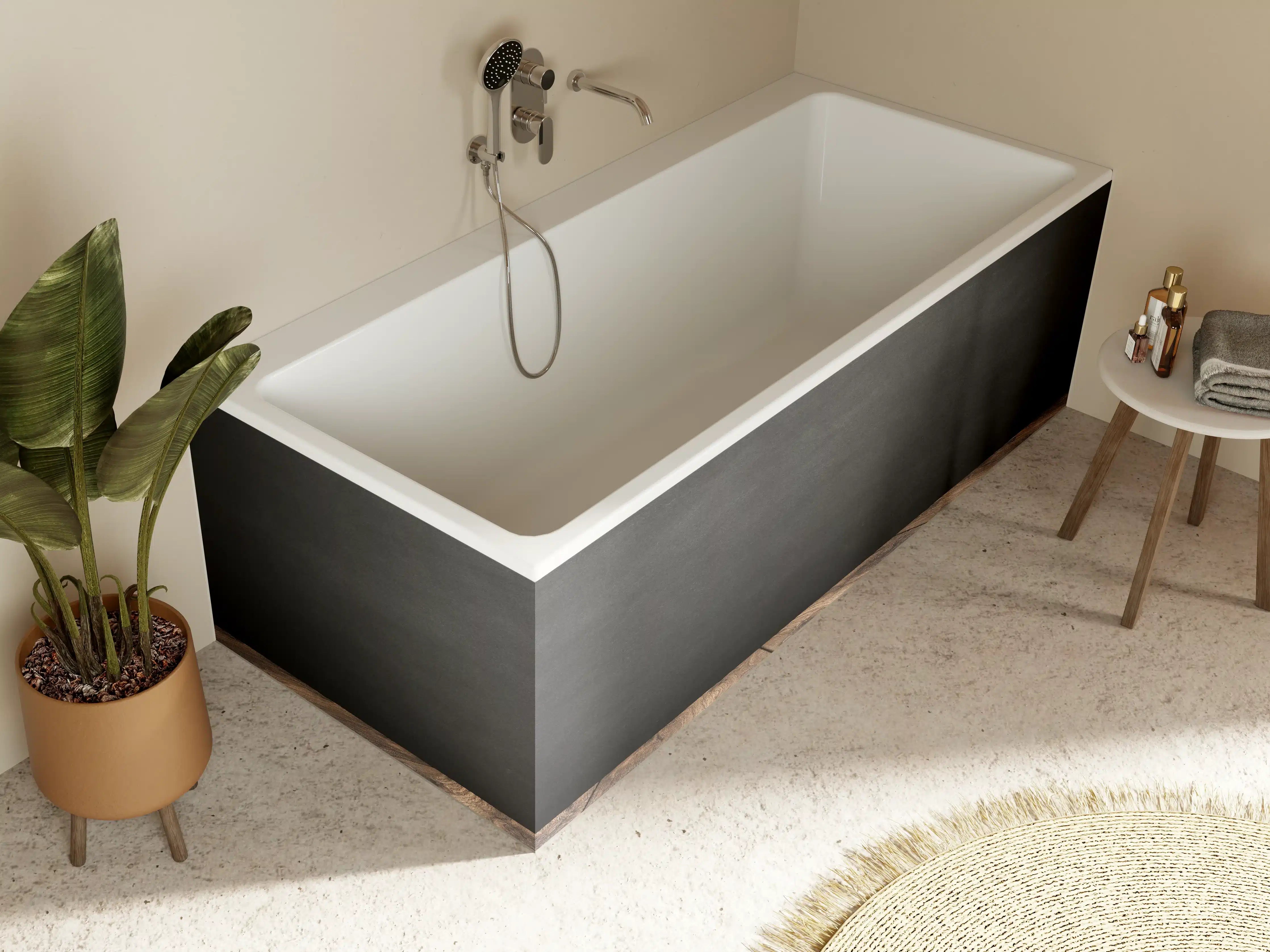 Badewannen-Rückwand - Holztisch mit schwarzer Wandtafel