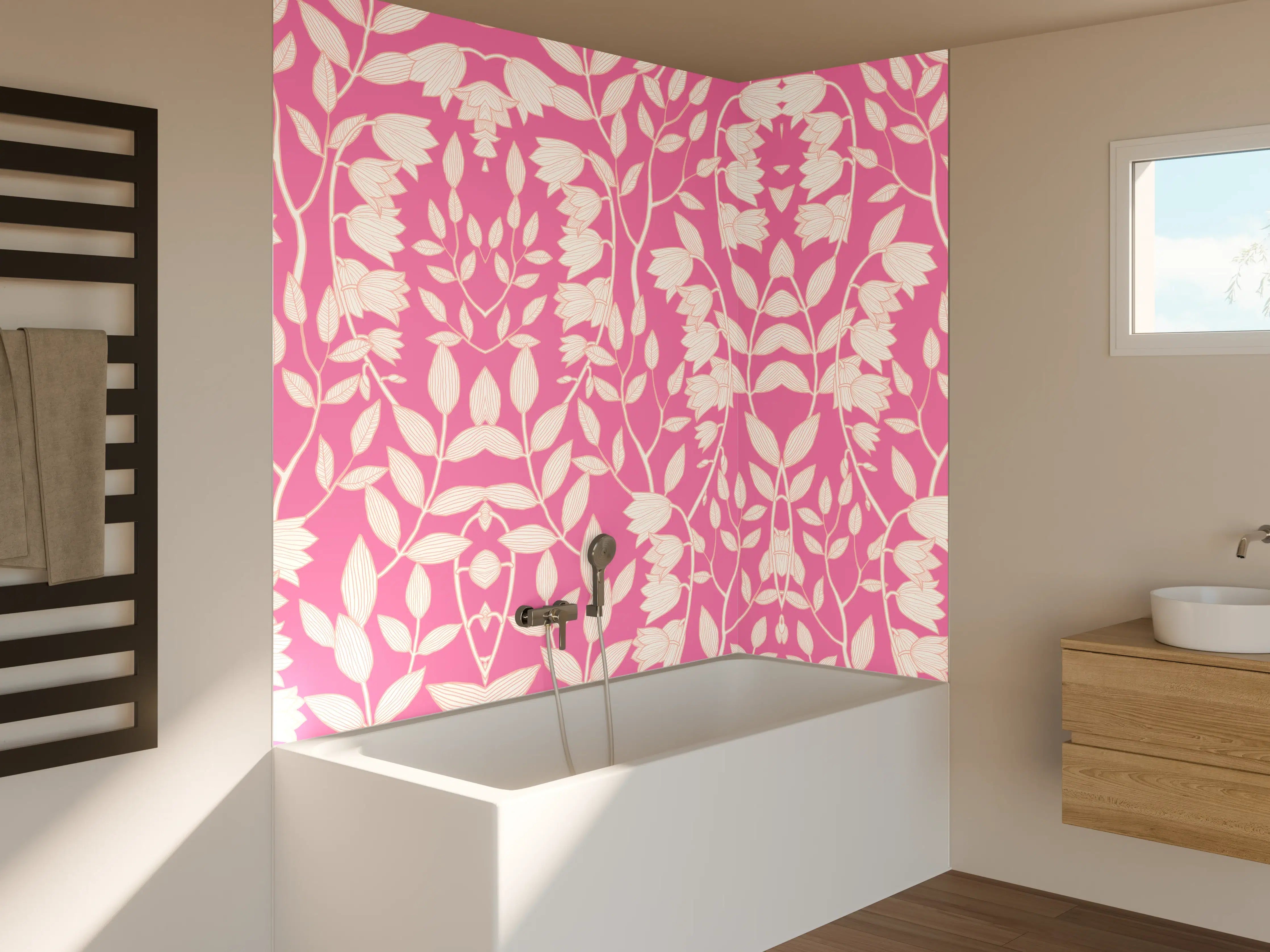 Badewannen-Rückwand - Hübsches Blumenmuster in Pink und Weiß