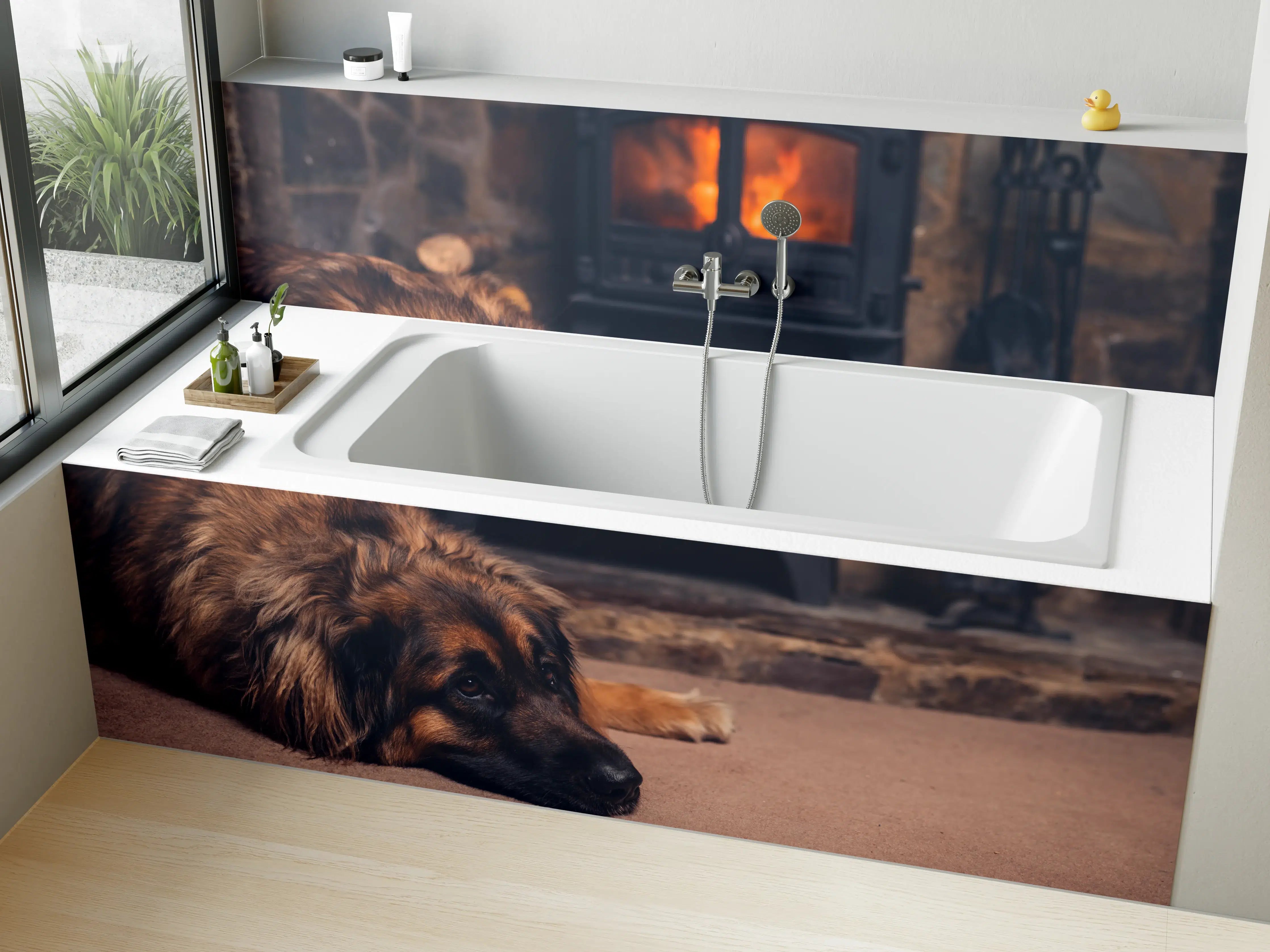 Badewannen-Rückwand - Hund entspannt am Feuer