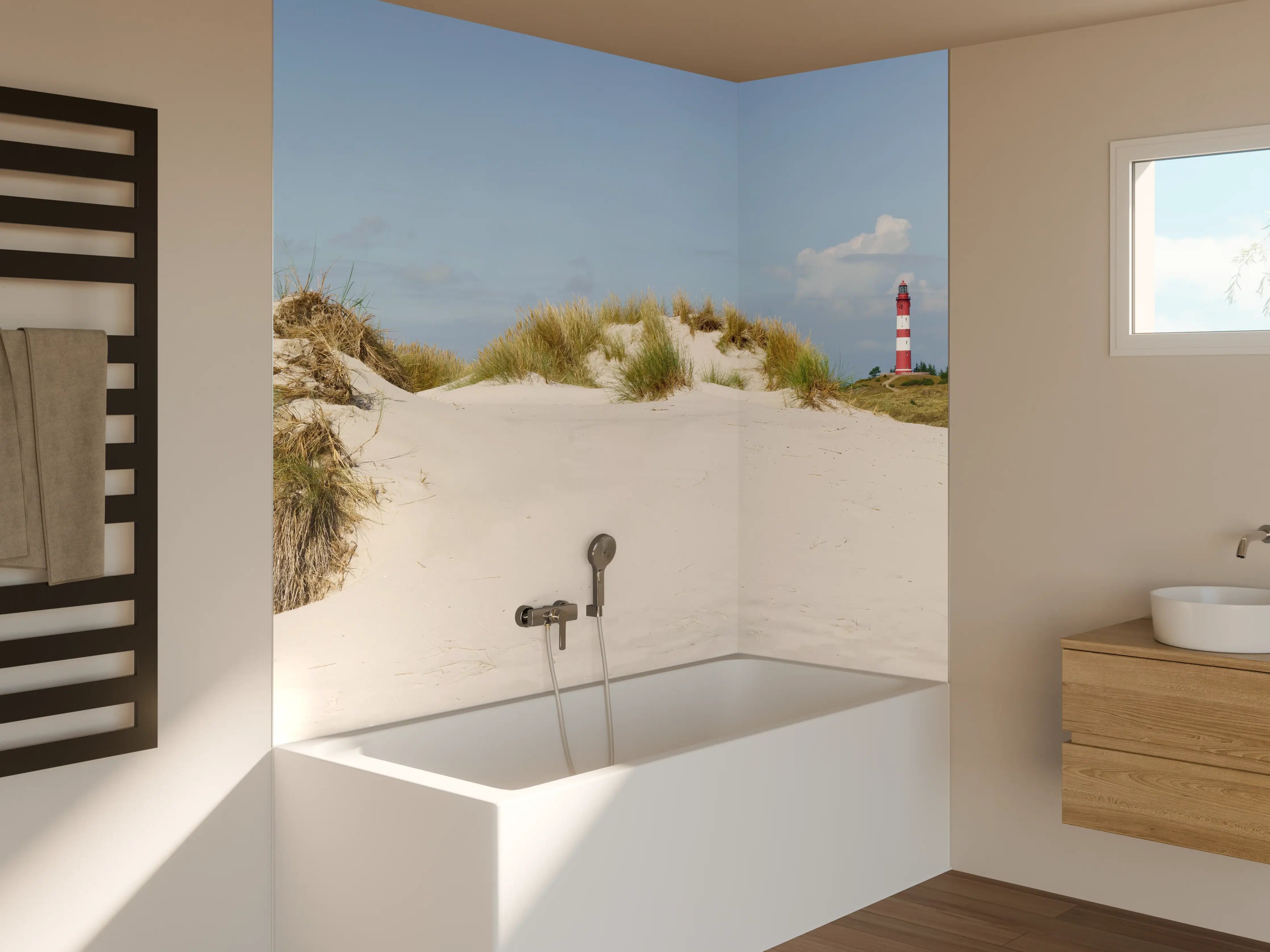 Badewannen-Rückwand - Idyllische Strandlandschaft mit Leuchtturm