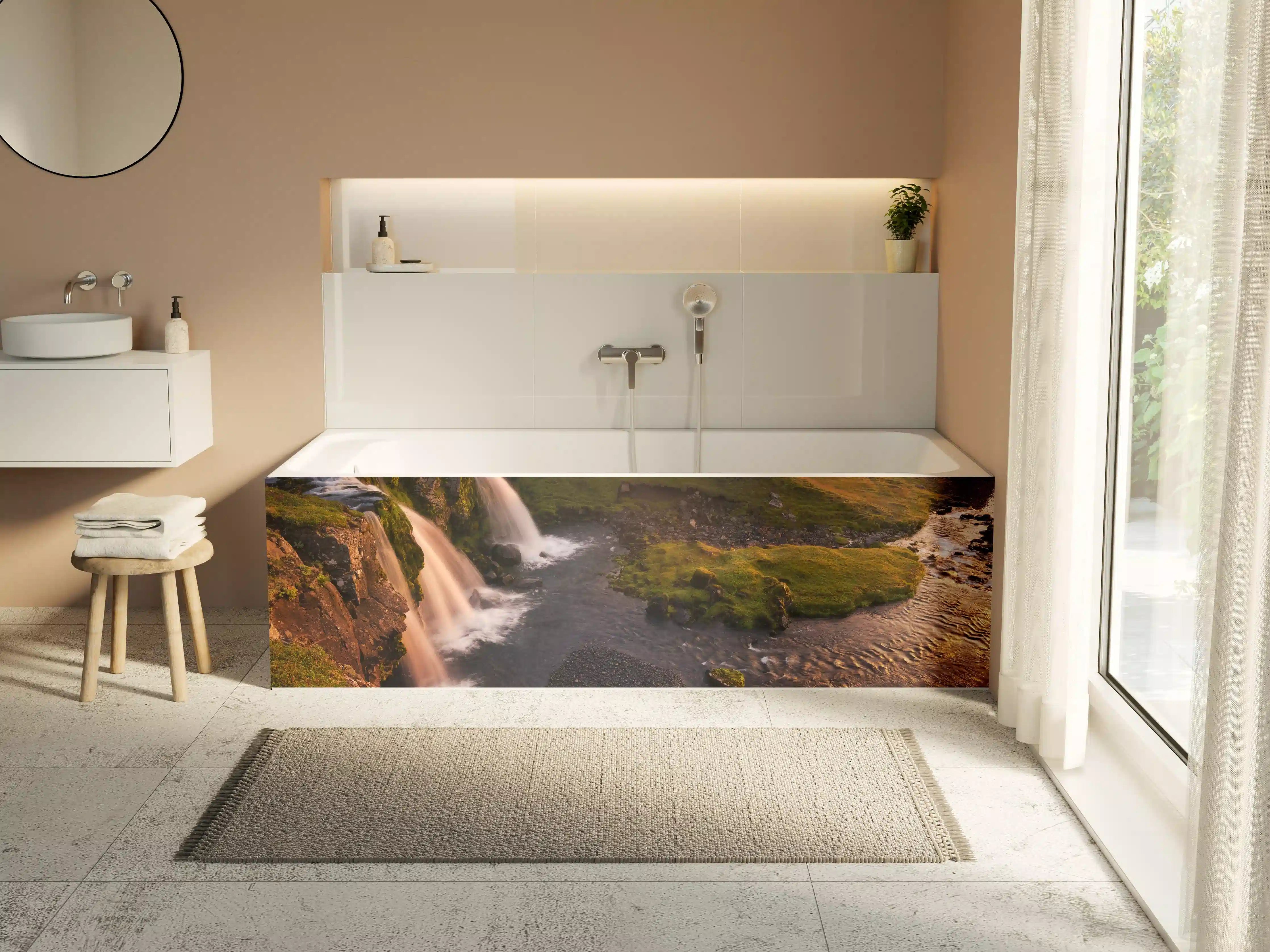Badewannen-Rückwand - Island Wasserfall Morgenrot