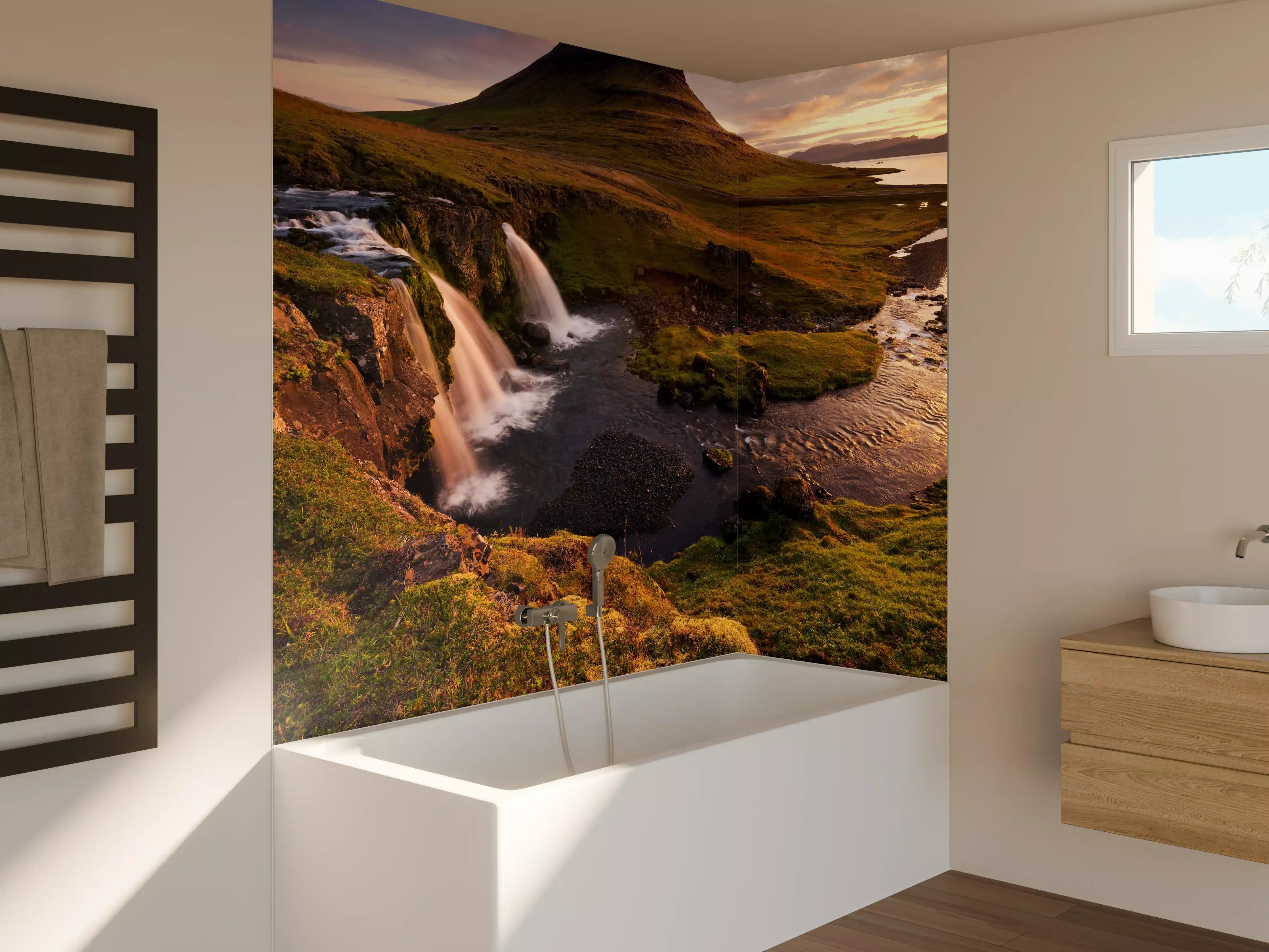 Badewannen-Rückwand - Island Wasserfall Morgenrot