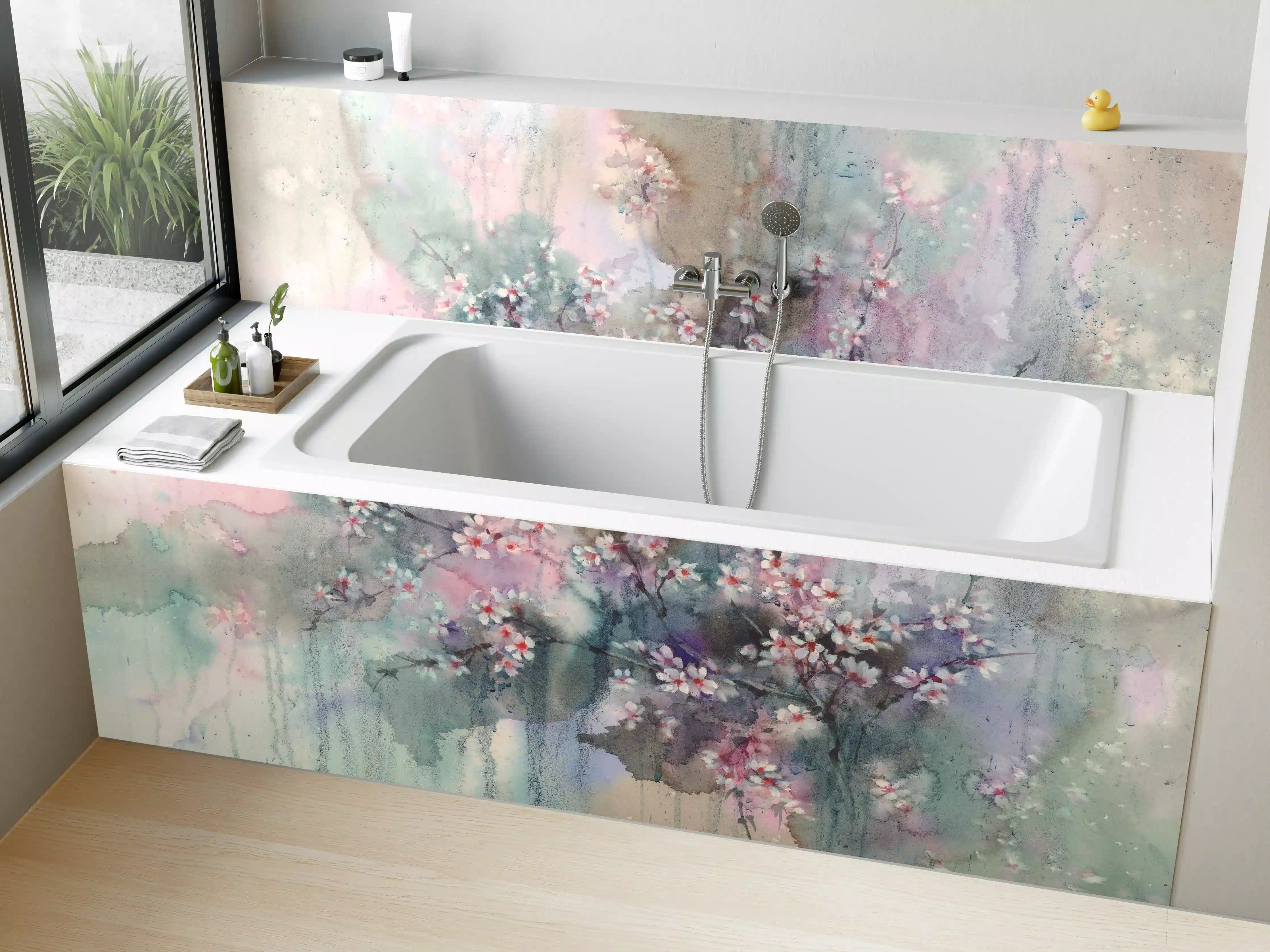Badewannen-Rückwand - Japanische Kirchblüten mit Aquarell Muster