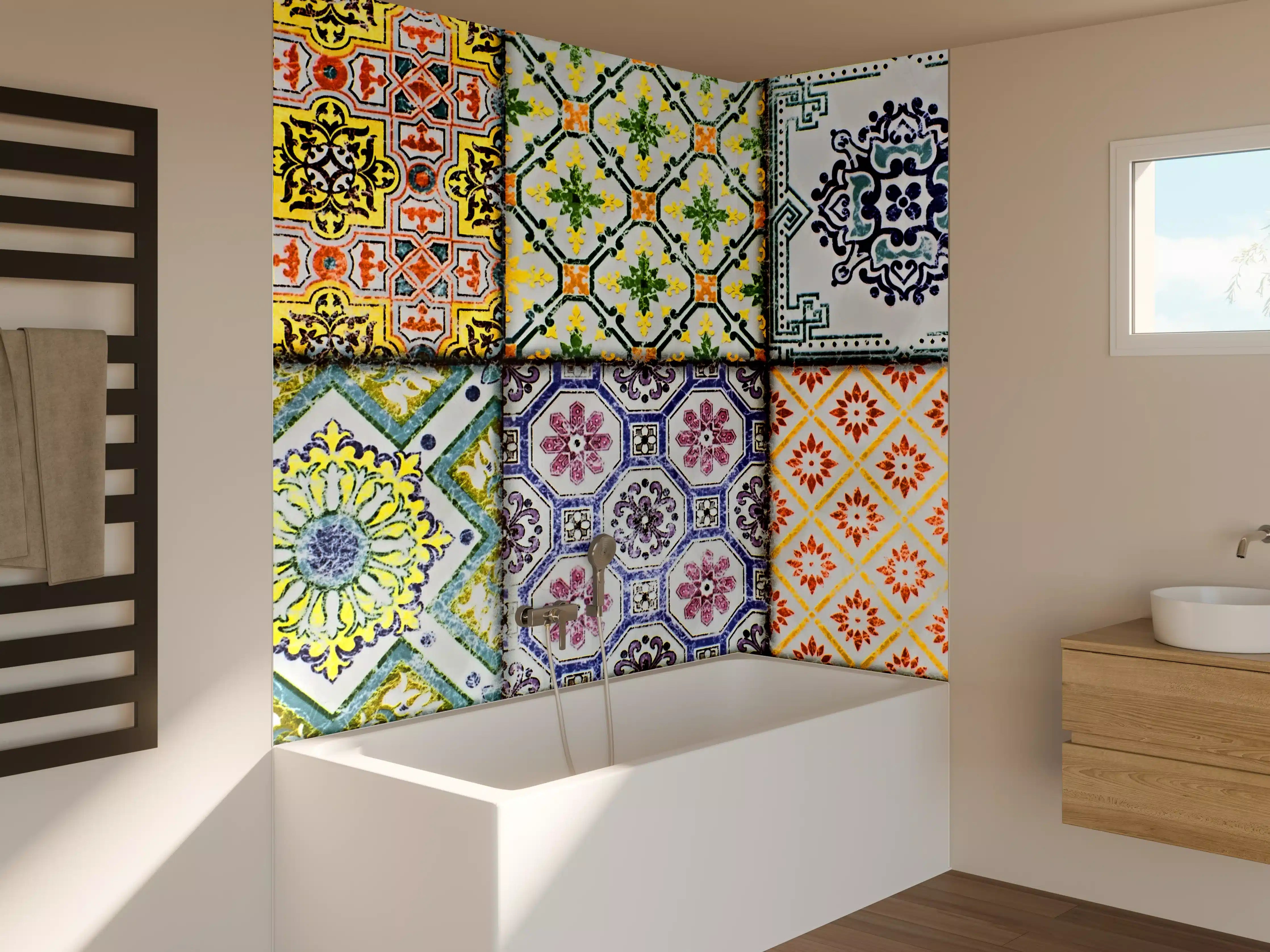 Badewannen-Rückwand - Kaleidoskopische Fliesenmuster in bunten Farben
