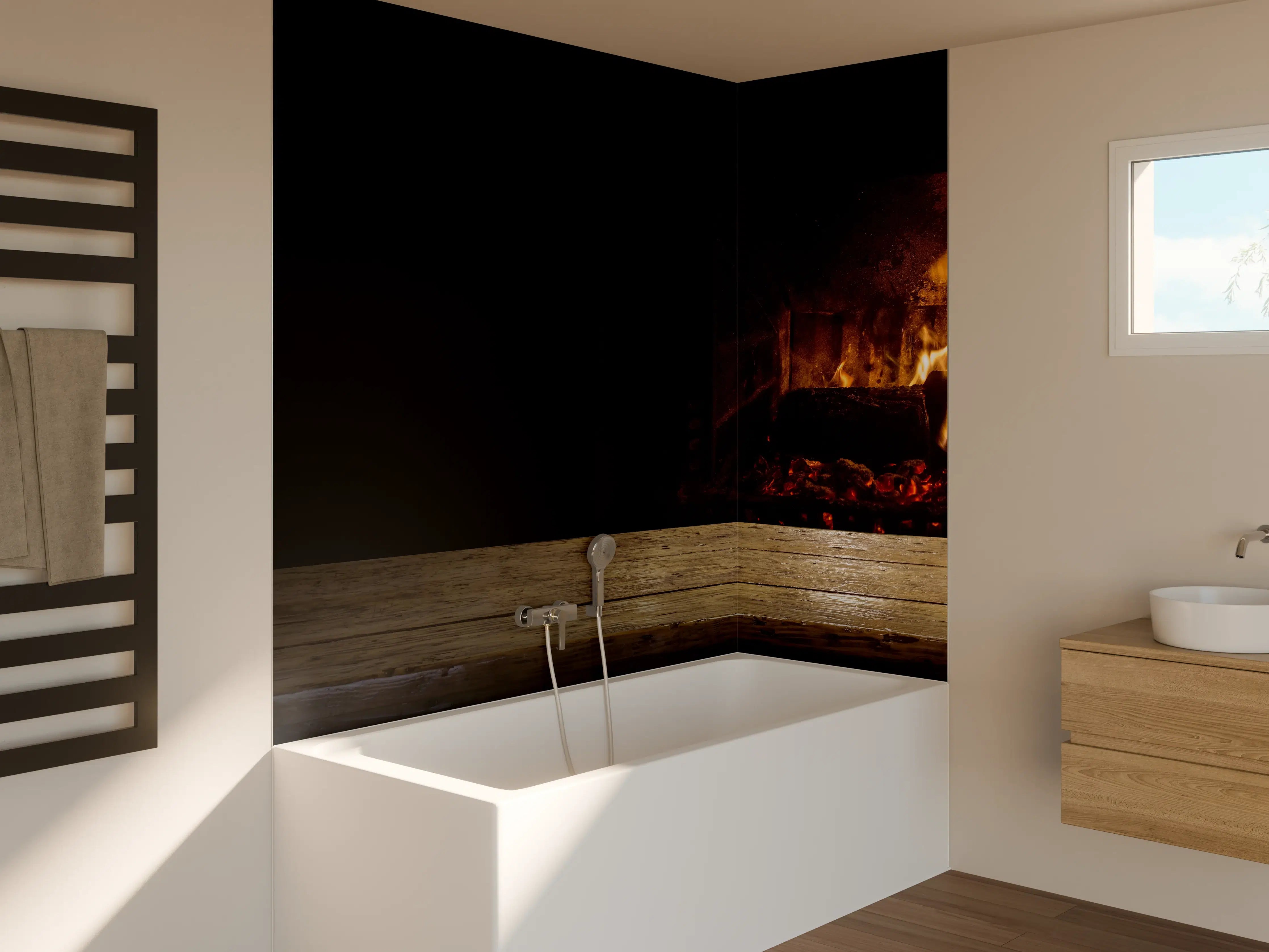 Badewannen-Rückwand - Kaminfeuer vor Holztisch