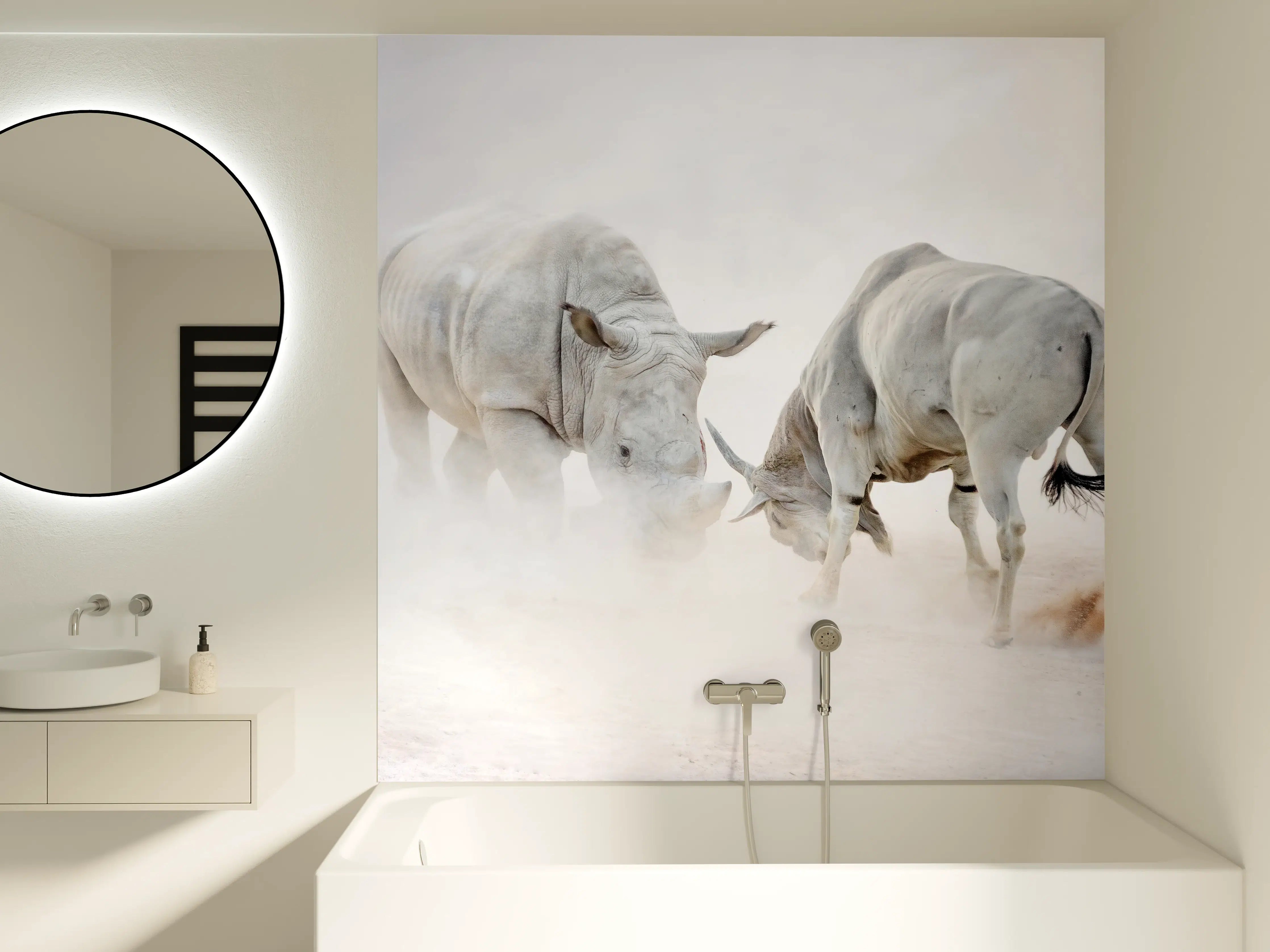 Badewannen-Rückwand - Kampf zwischen Nashorn und Oryx