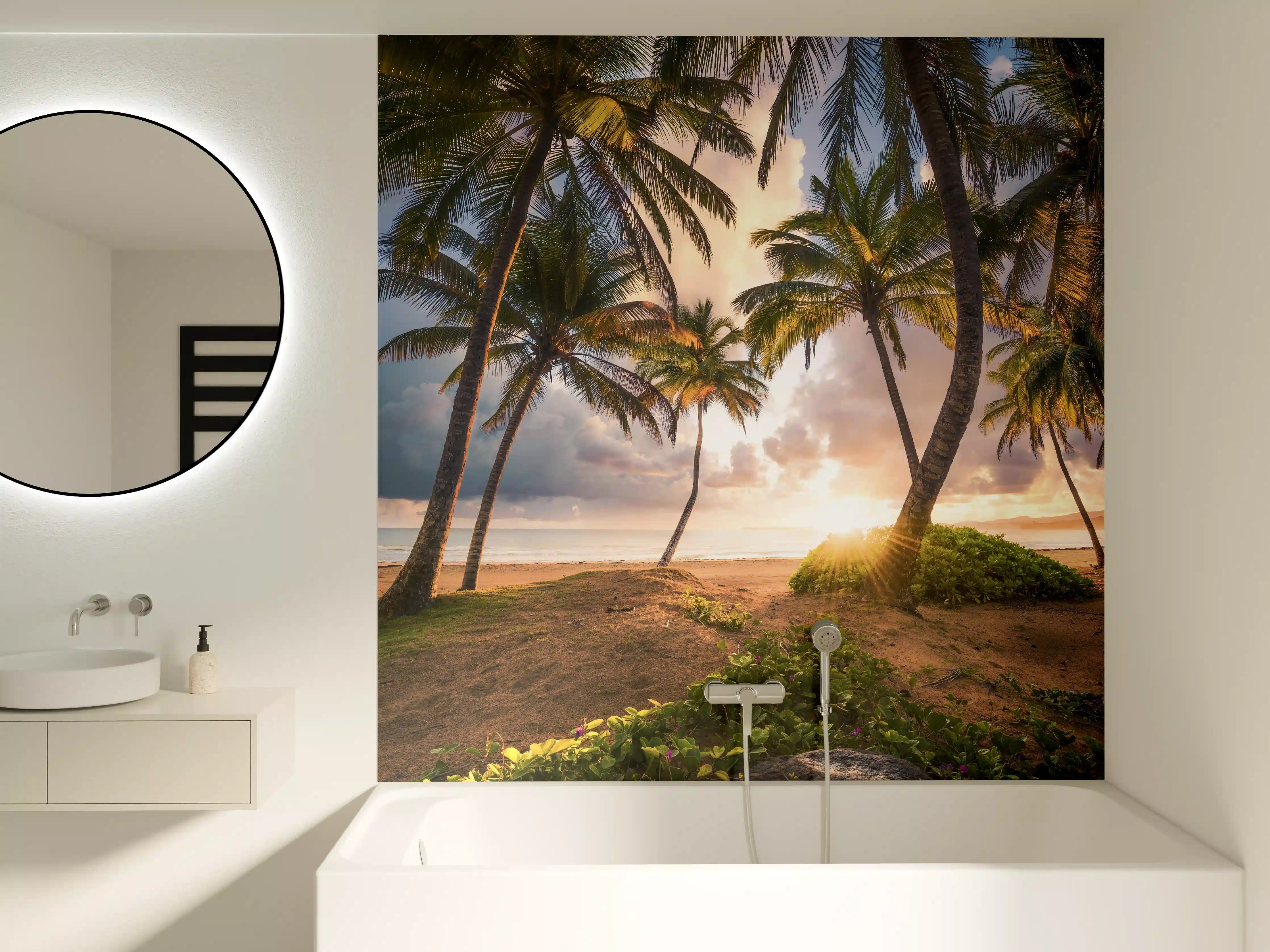 Badewannen-Rückwand - Karibik Strand Sonnenaufgang Palmen