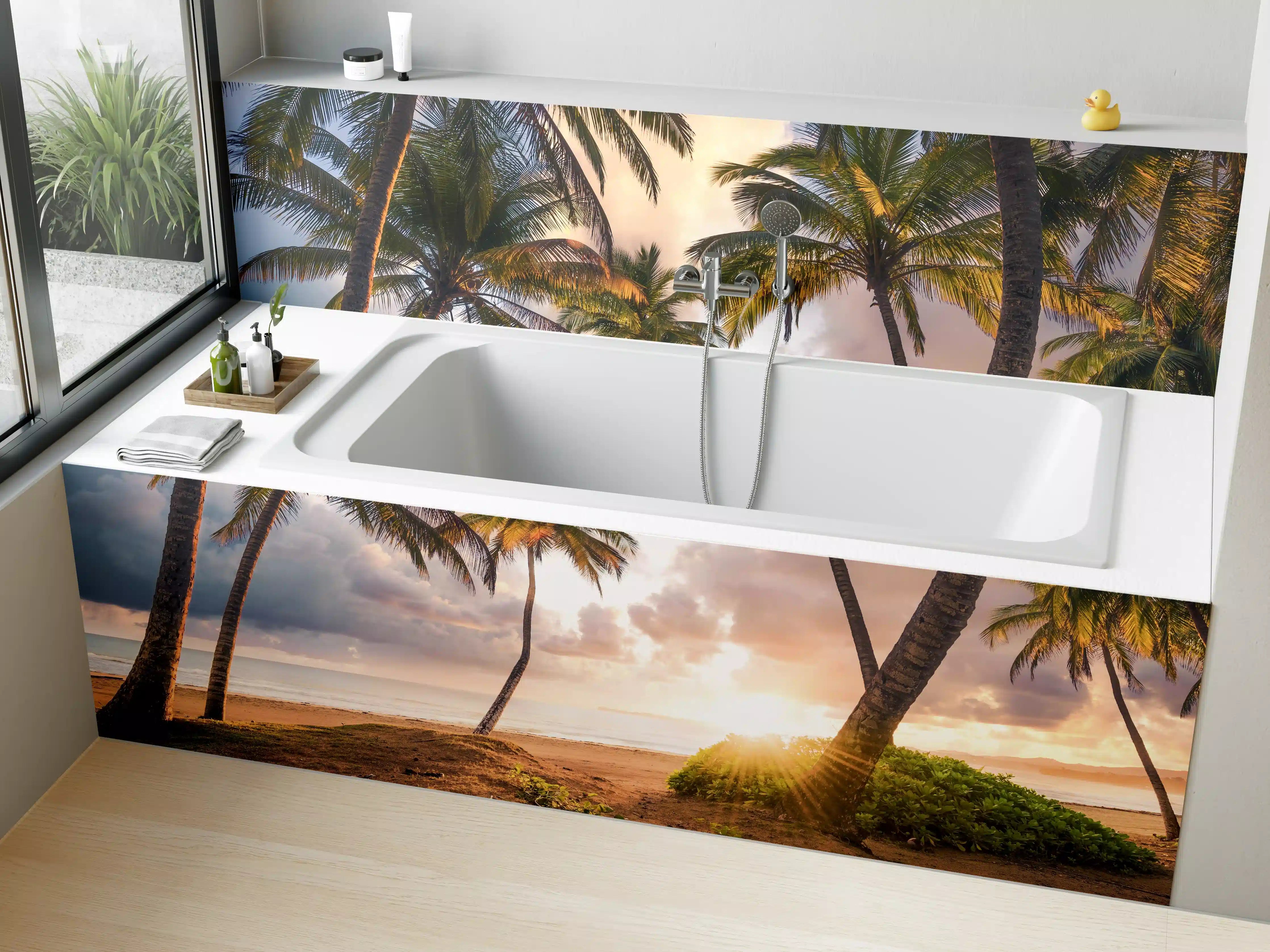 Badewannen-Rückwand - Karibik Strand Sonnenaufgang Palmen
