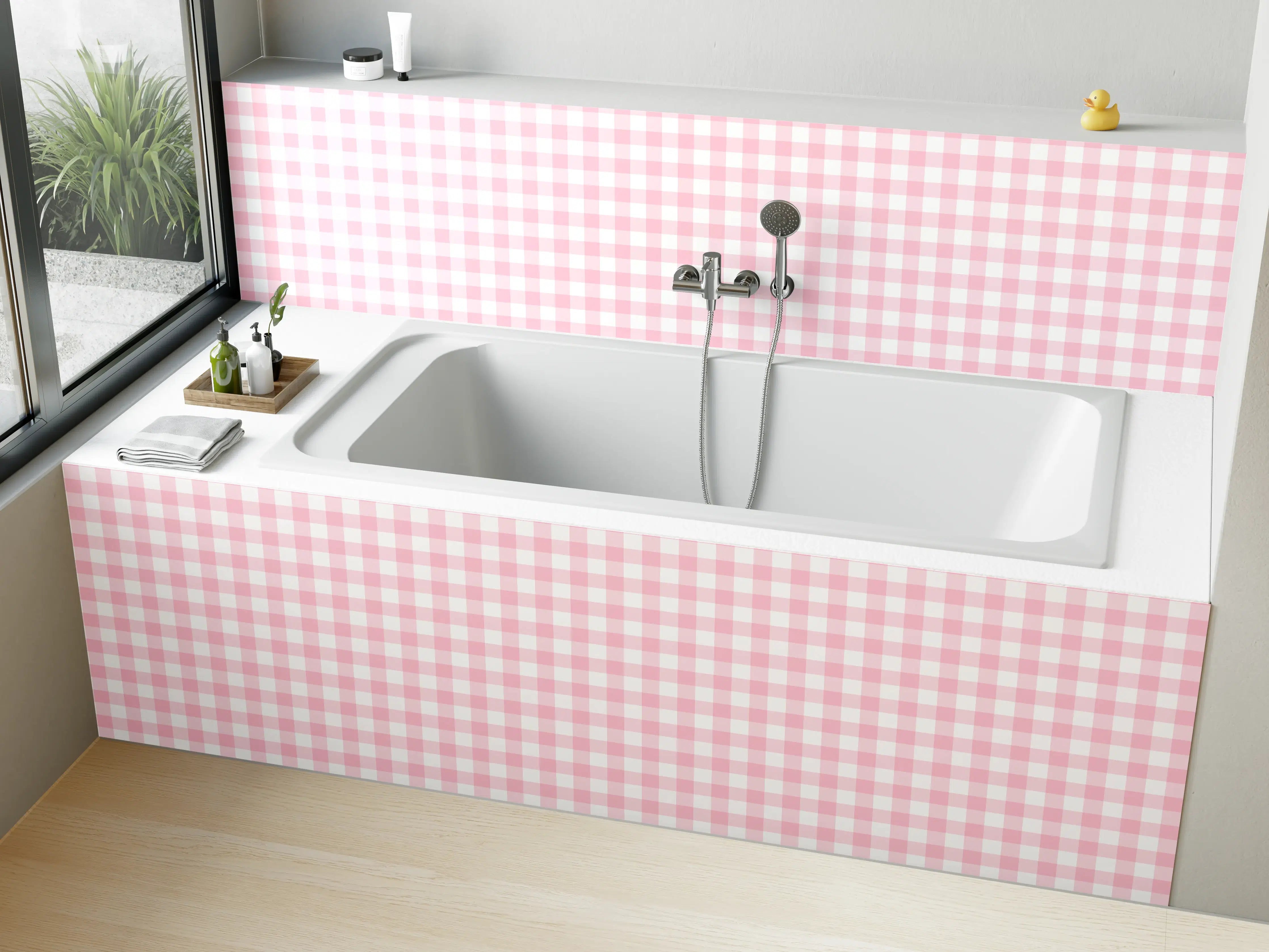 Badewannen-Rückwand - Kariertes Vichy Pastellrosa Muster mit weißem Hintergrund