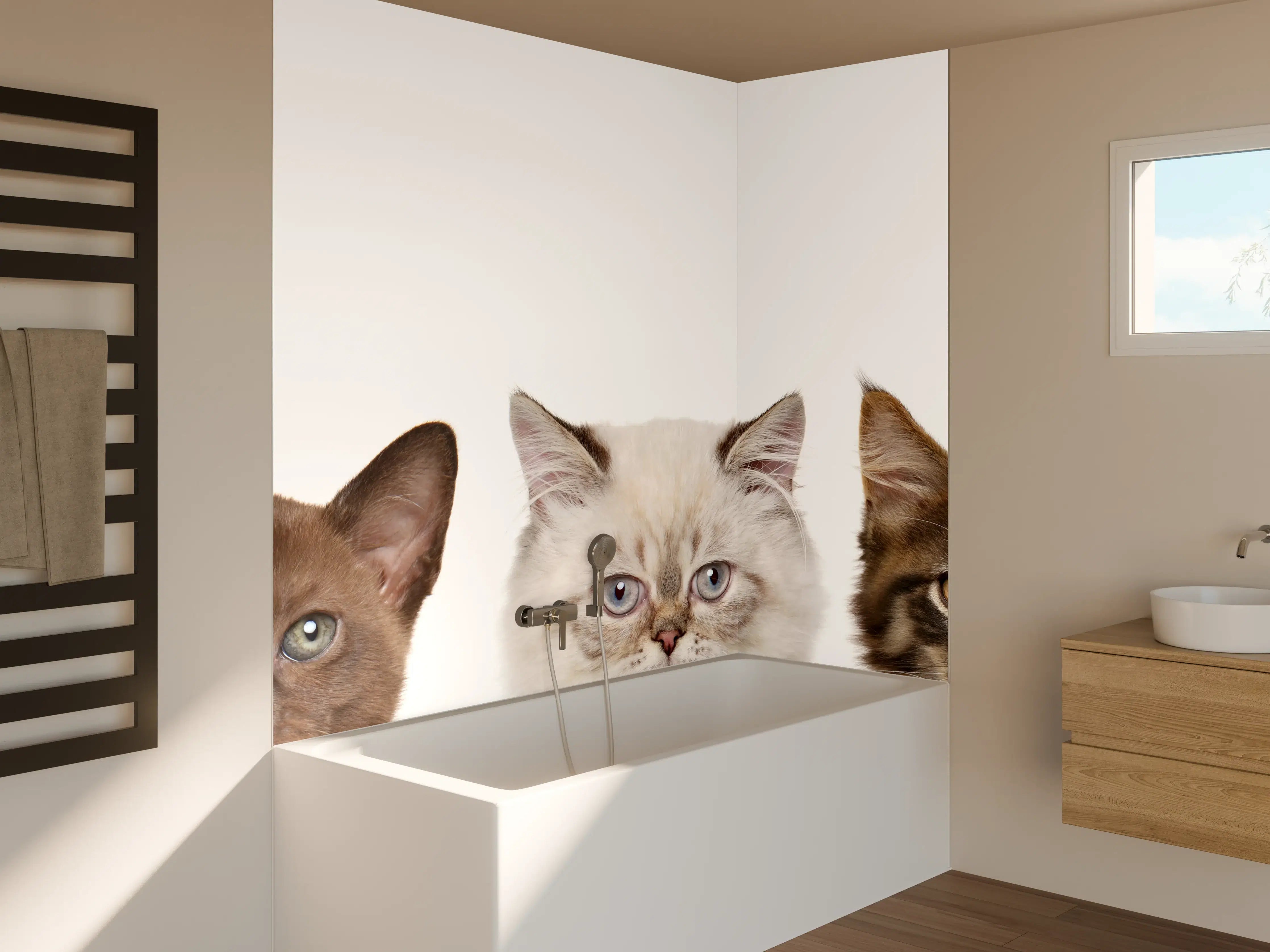 Badewannen-Rückwand - Katzen-Kopf-Reihe in Weiß-Grau