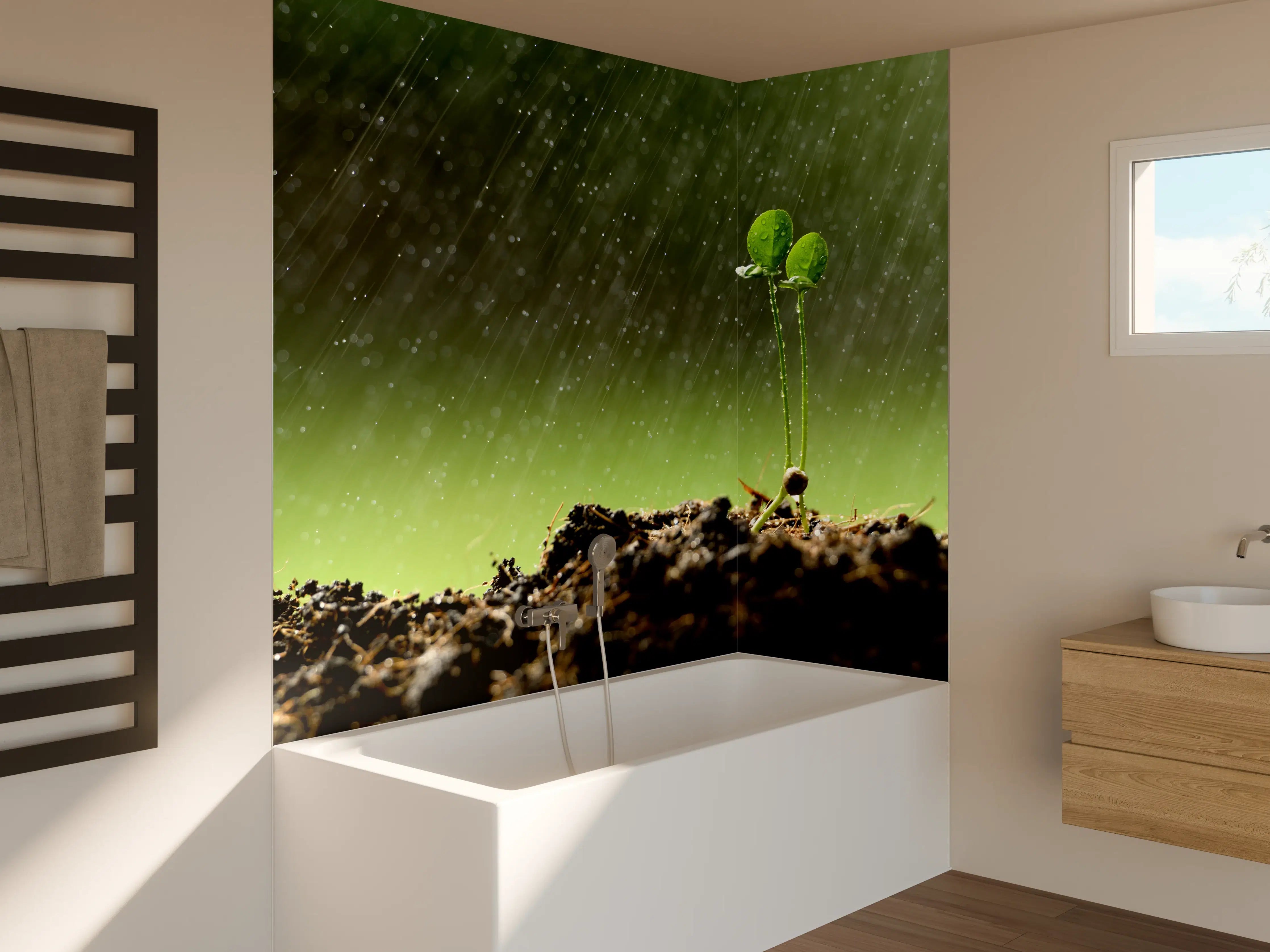 Badewannen-Rückwand - Keimende Pflanze bei Regen