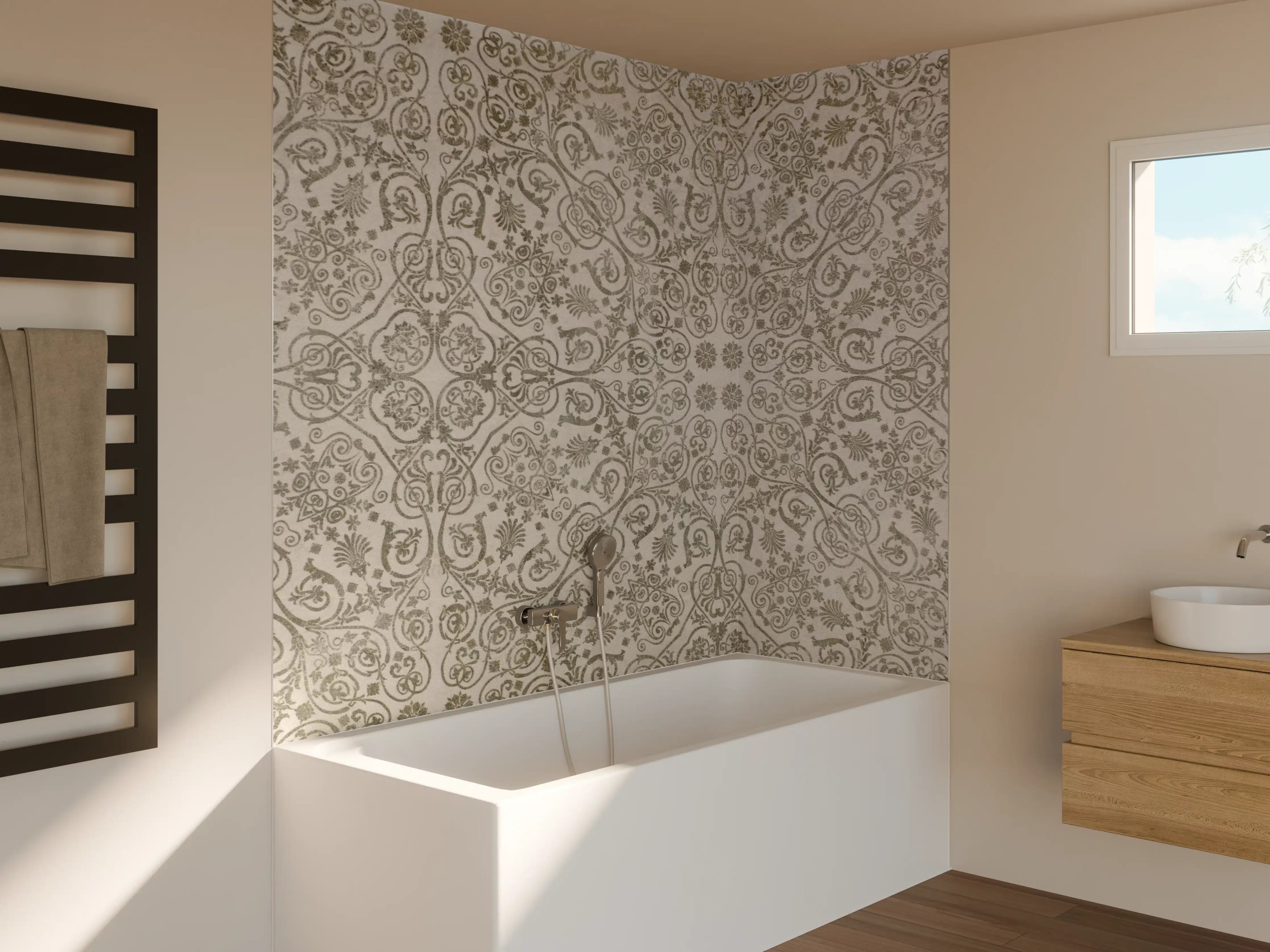 Badewannen-Rückwand - Keramikfliese mit abstraktem Mosaik-Blumenmuster