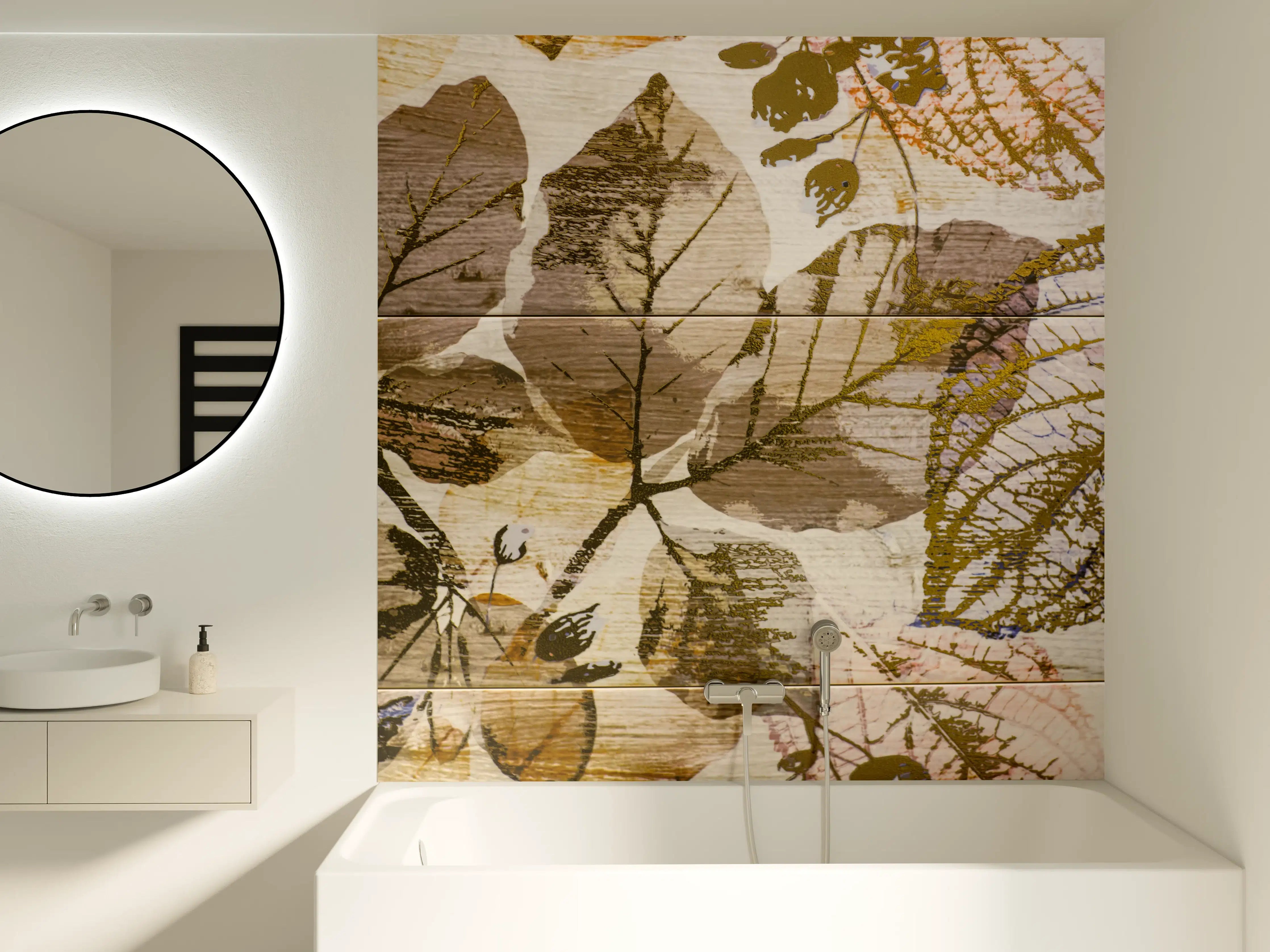 Badewannen-Rückwand - Keramikfliesen Blattmuster Beige