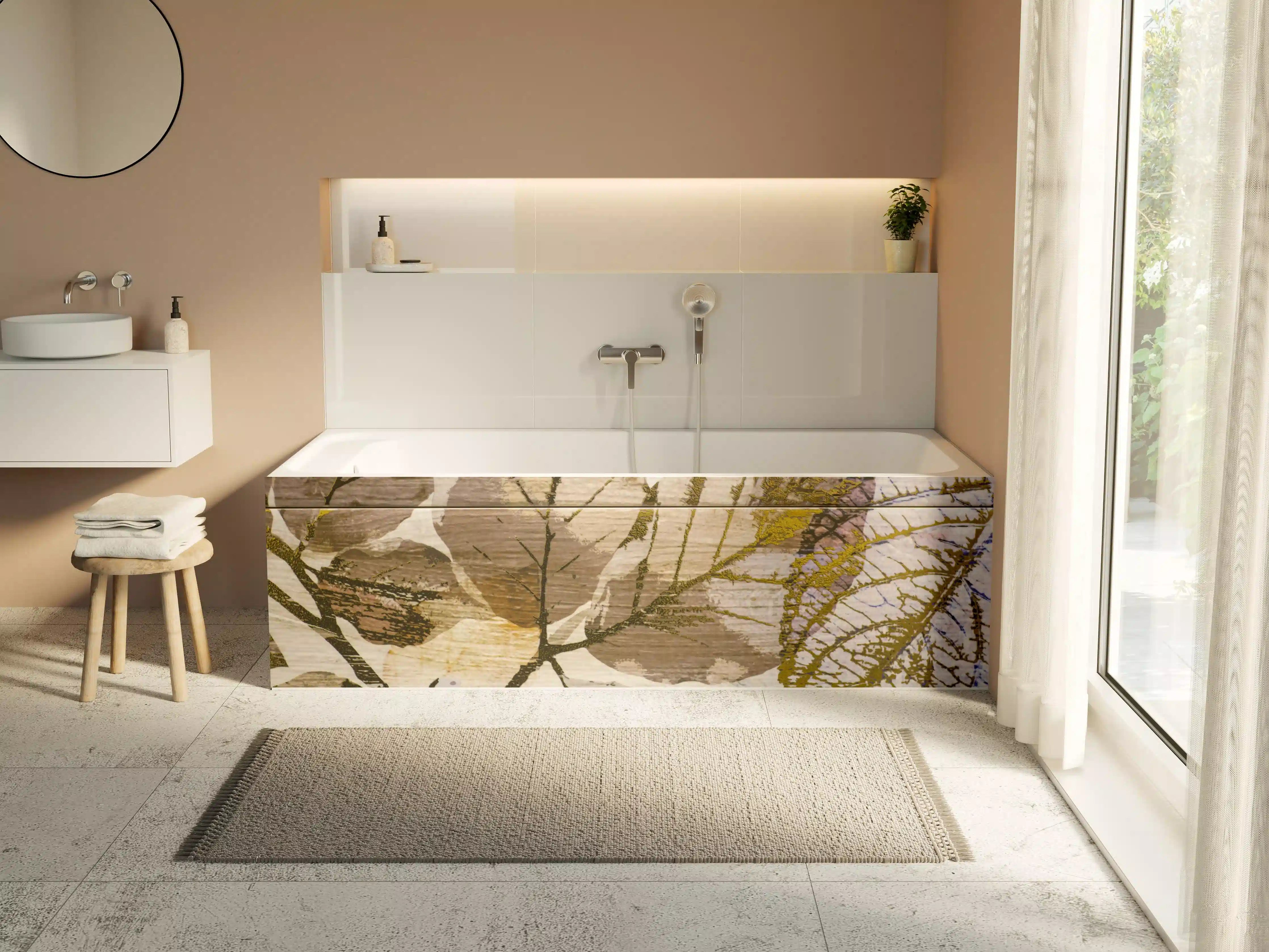 Badewannen-Rückwand - Keramikfliesen Blattmuster Beige
