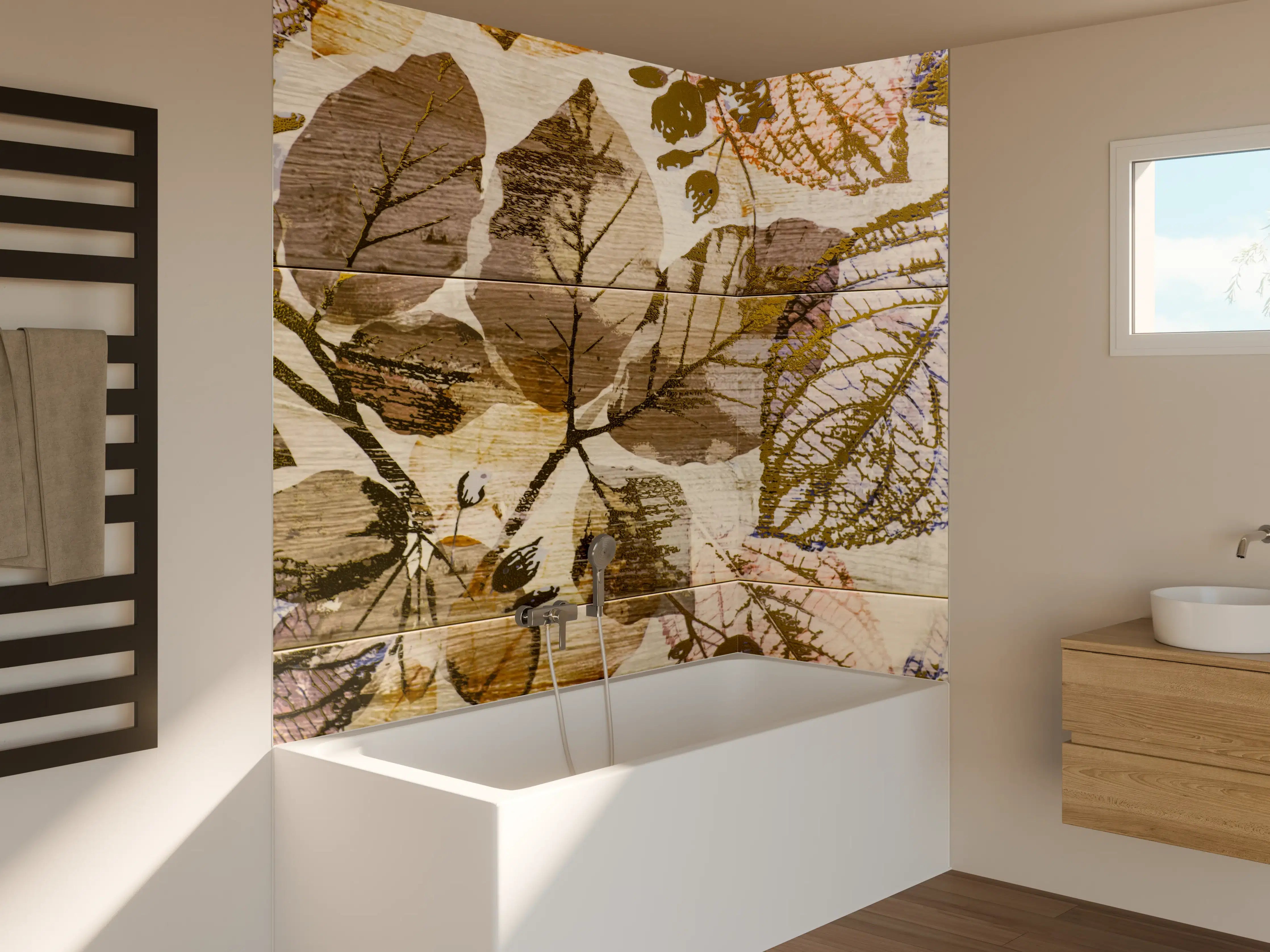 Badewannen-Rückwand - Keramikfliesen Blattmuster Beige