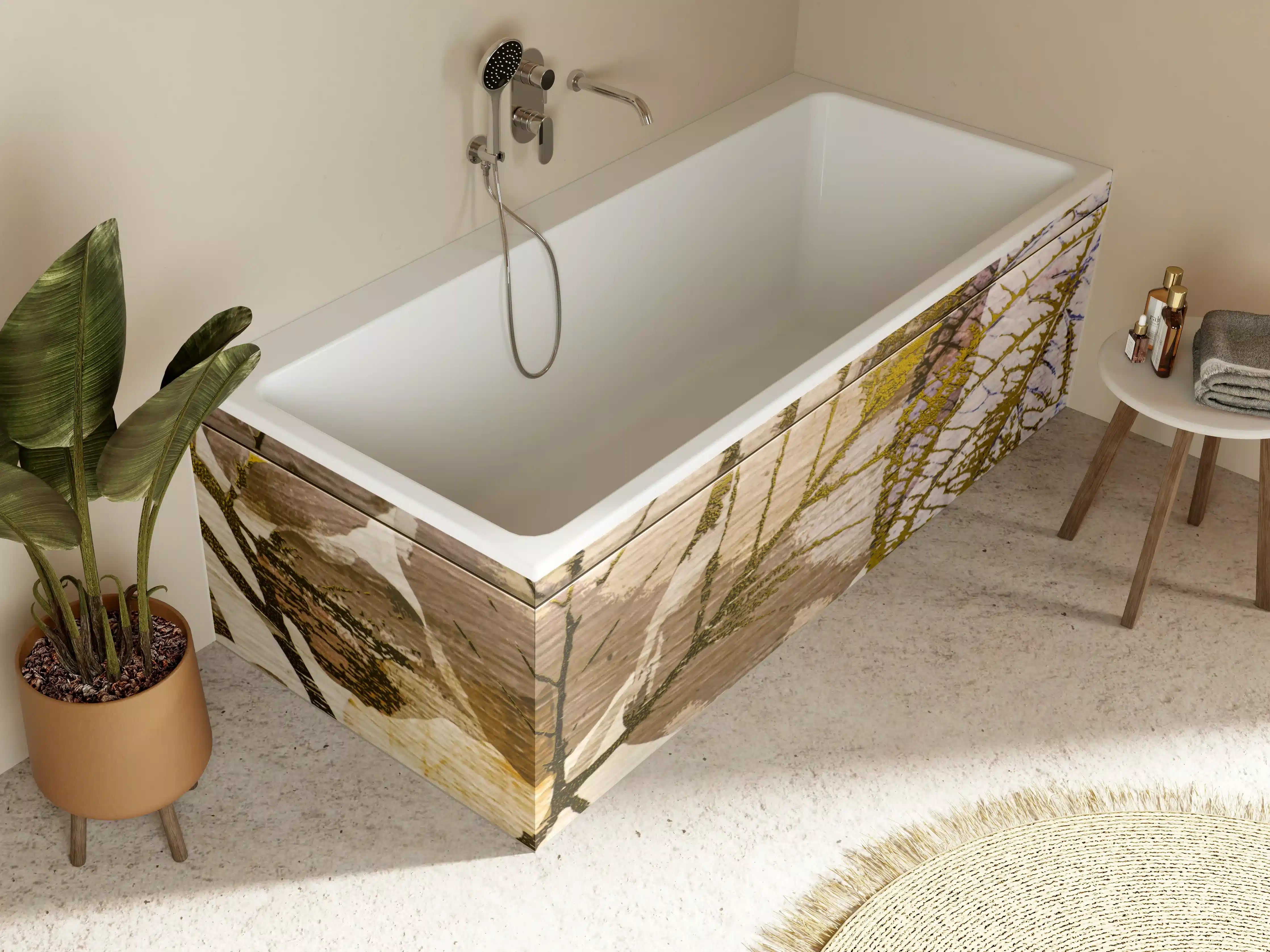 Badewannen-Rückwand - Keramikfliesen Blattmuster Beige