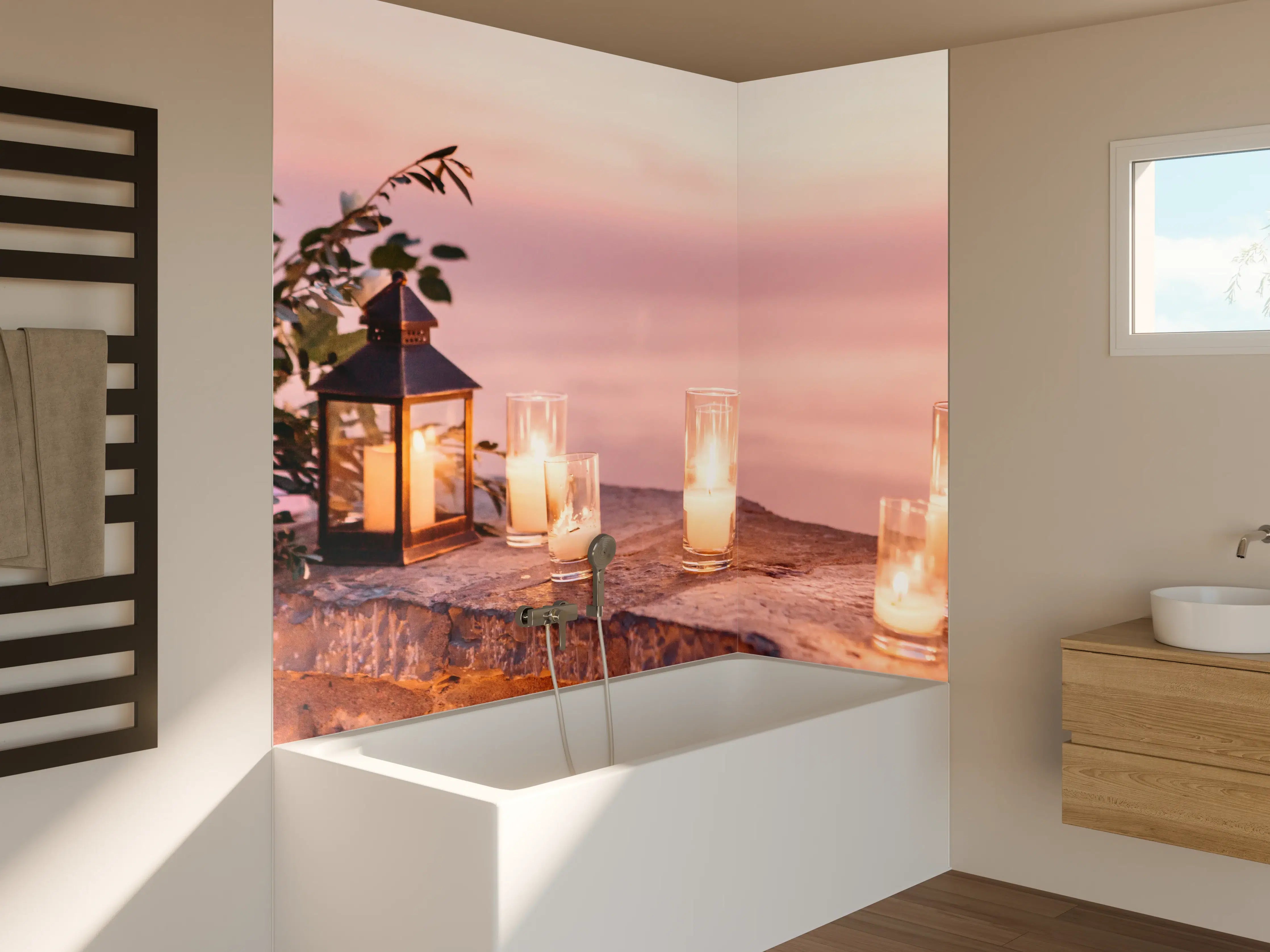 Badewannen-Rückwand - Kerzen und Blumen auf Steinmauer