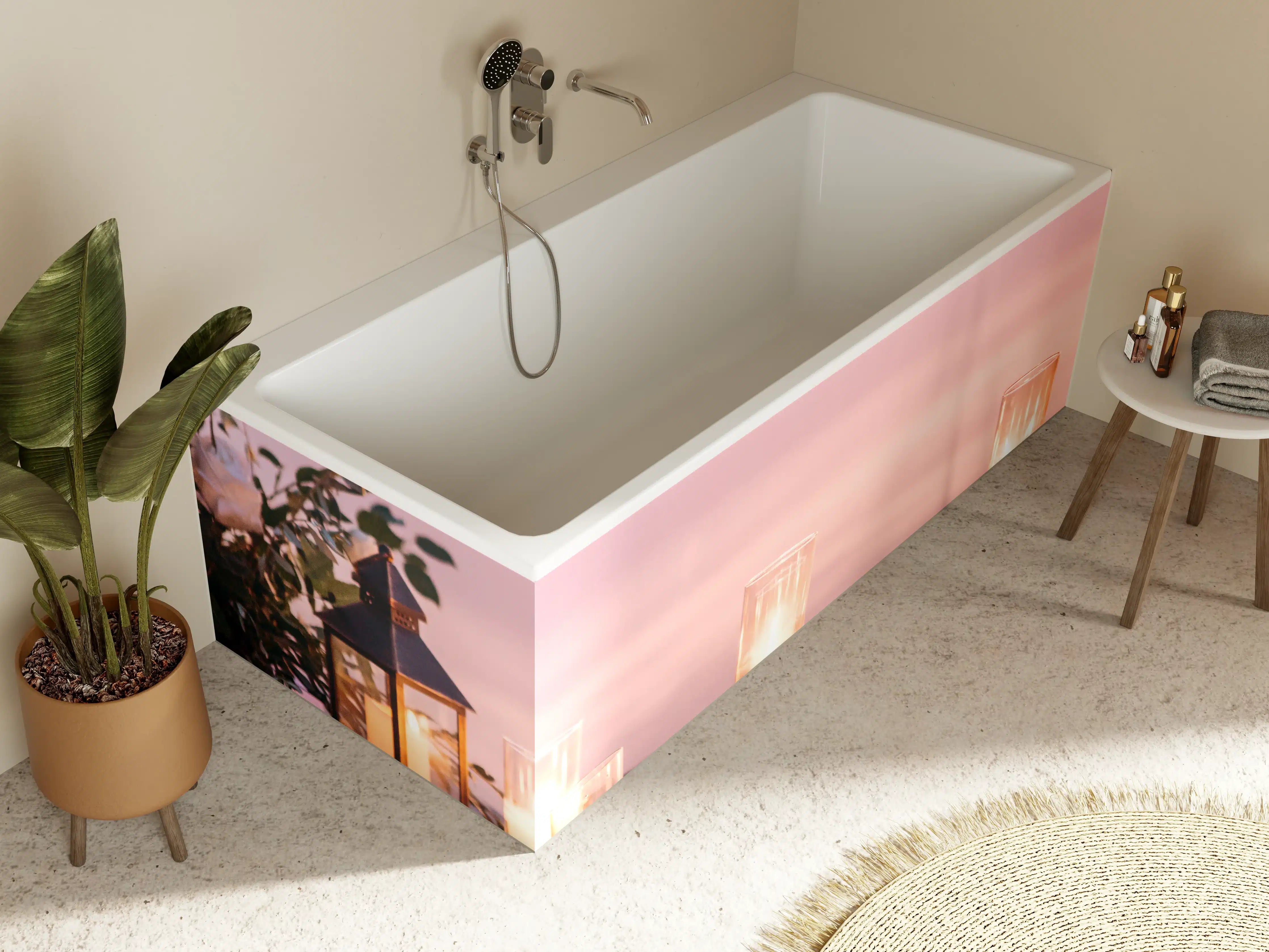 Badewannen-Rückwand - Kerzen und Blumen auf Steinmauer