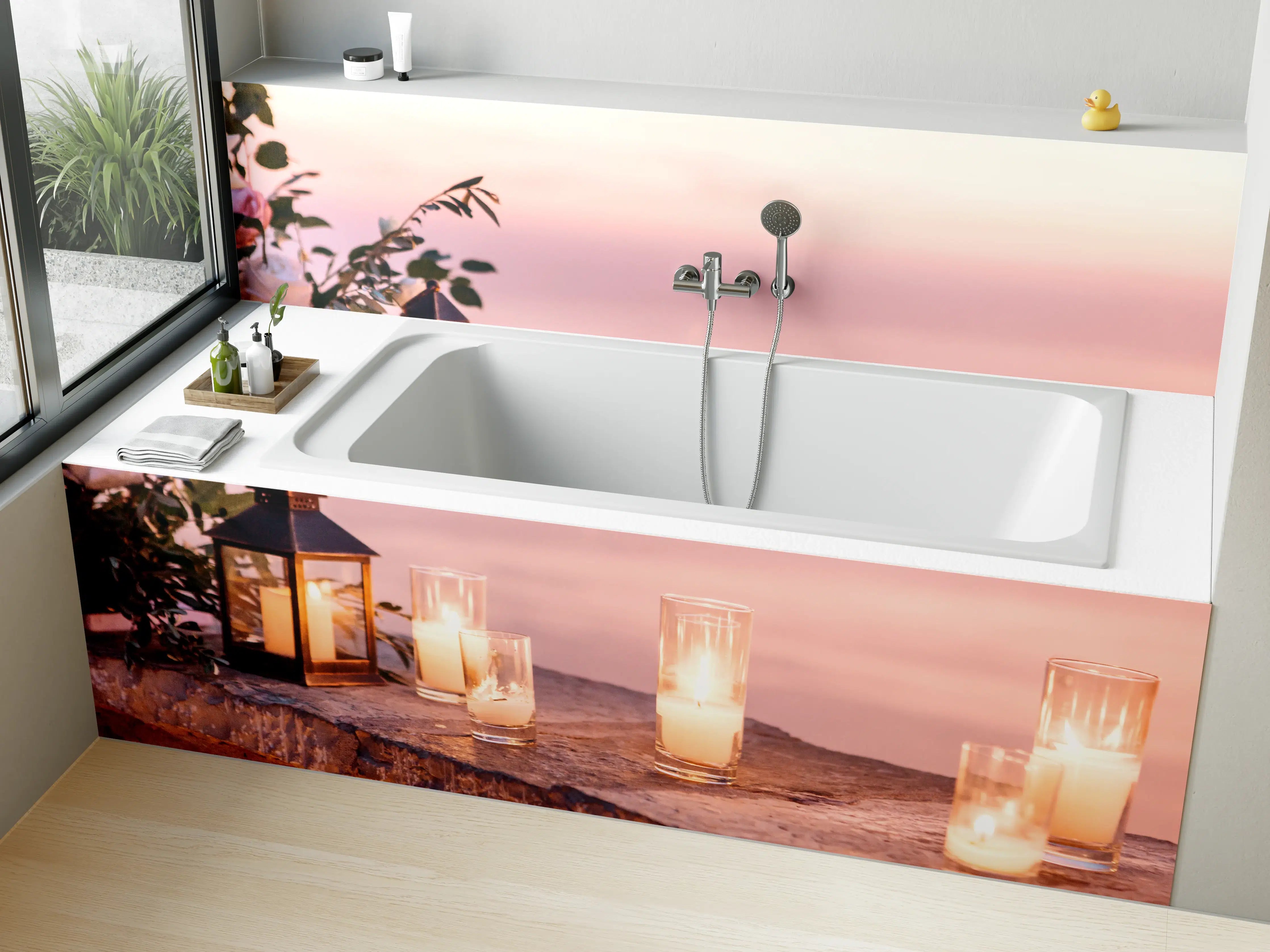 Badewannen-Rückwand - Kerzen und Blumen auf Steinmauer