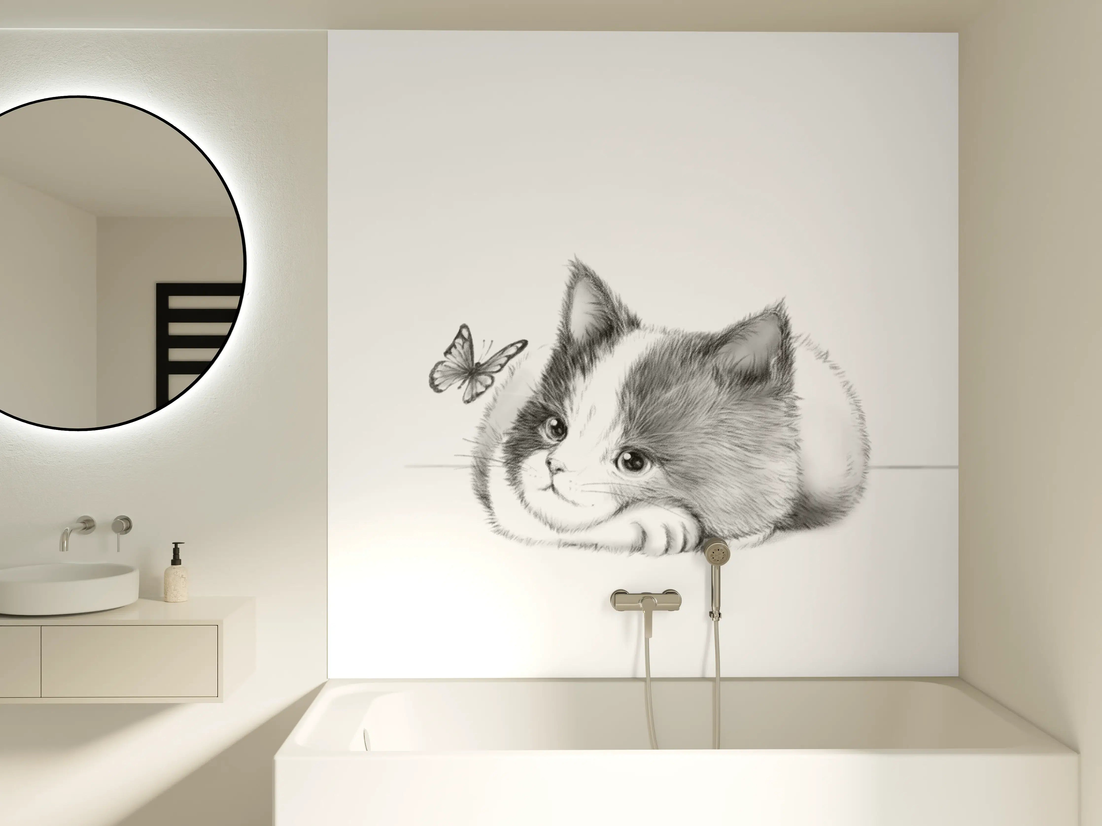 Badewannen-Rückwand - Kindermotiv einer Katze - Schwarz-weiß