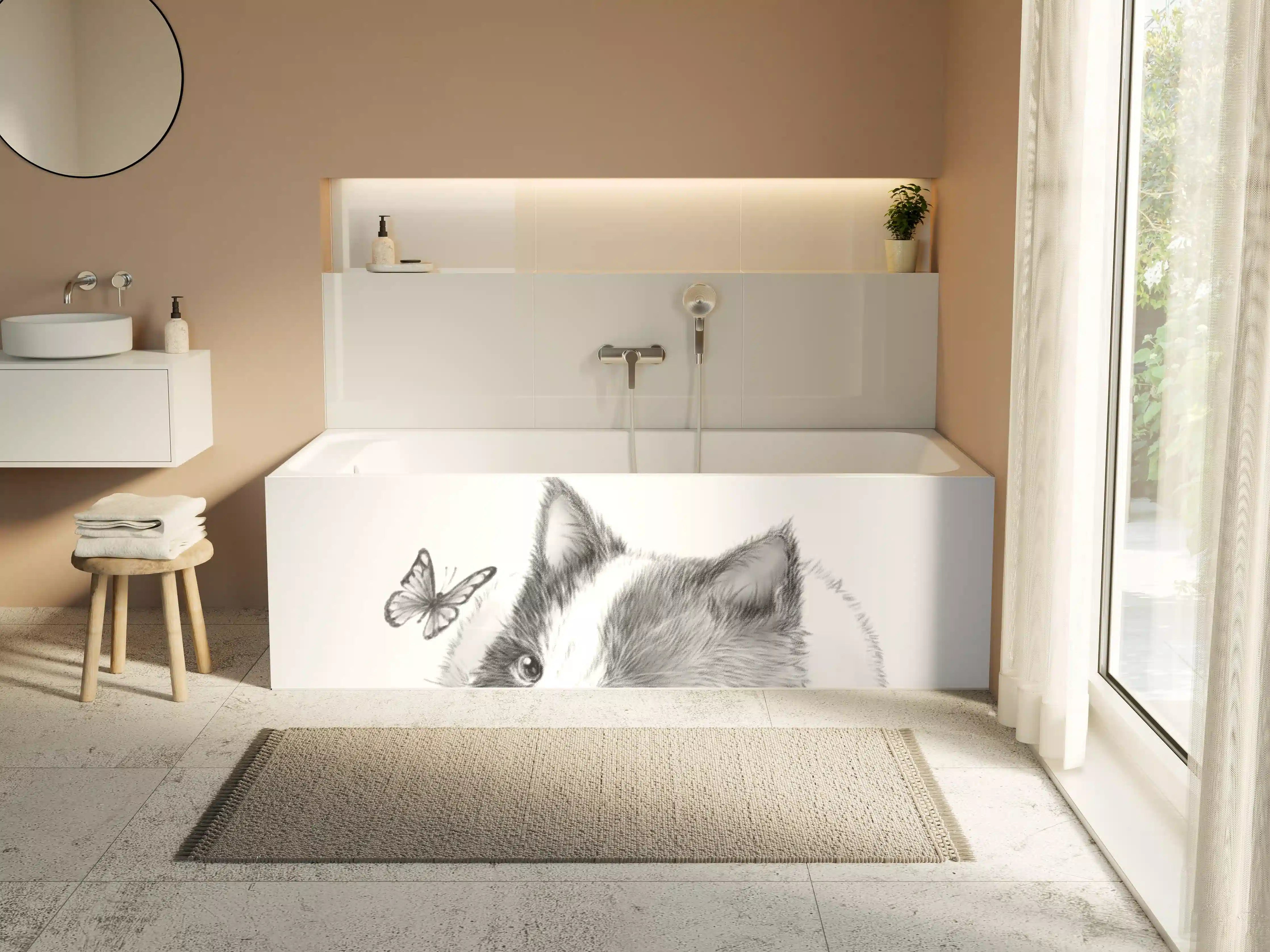 Badewannen-Rückwand - Kindermotiv einer Katze - Schwarz-weiß