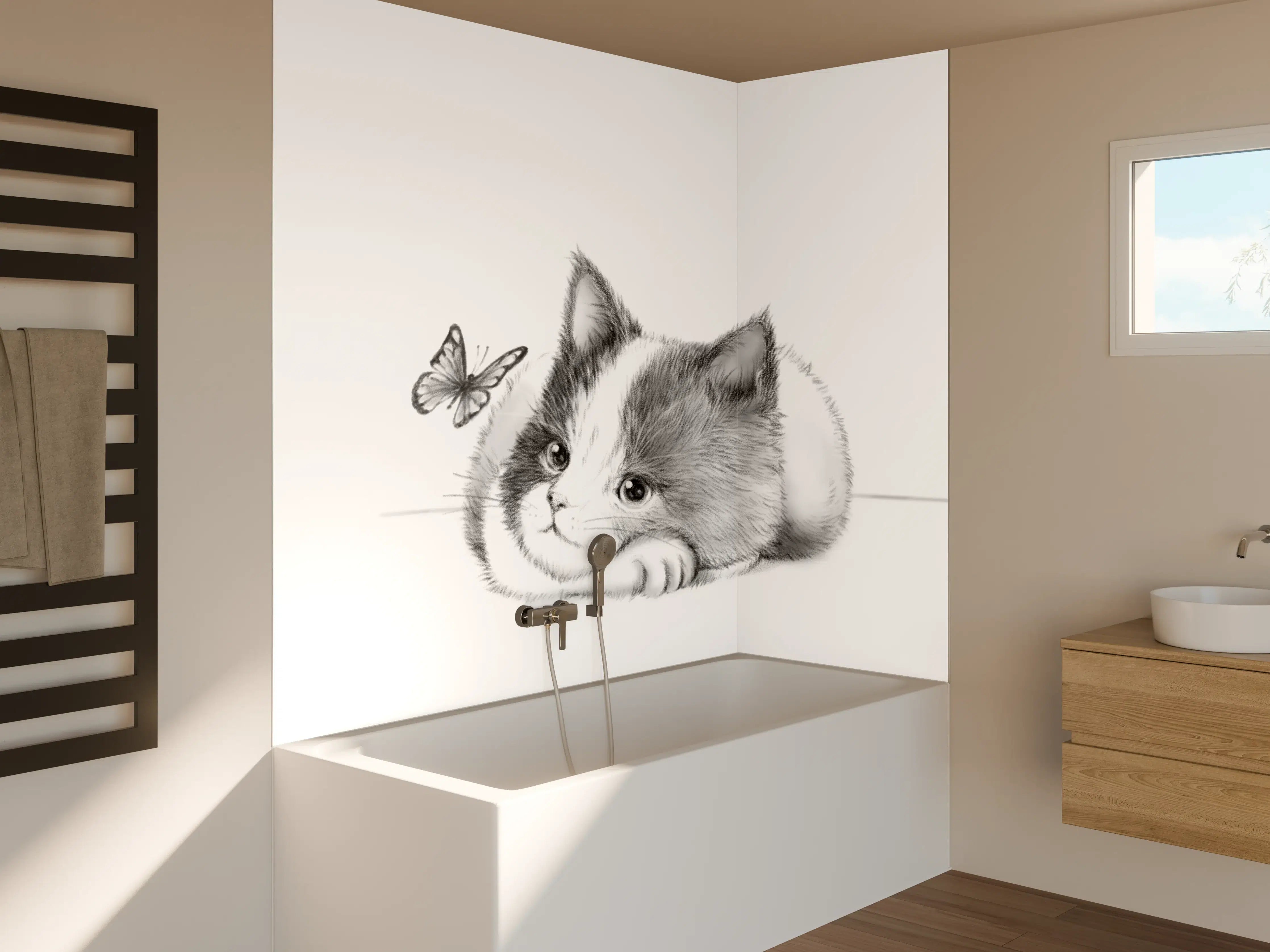 Badewannen-Rückwand - Kindermotiv einer Katze - Schwarz-weiß