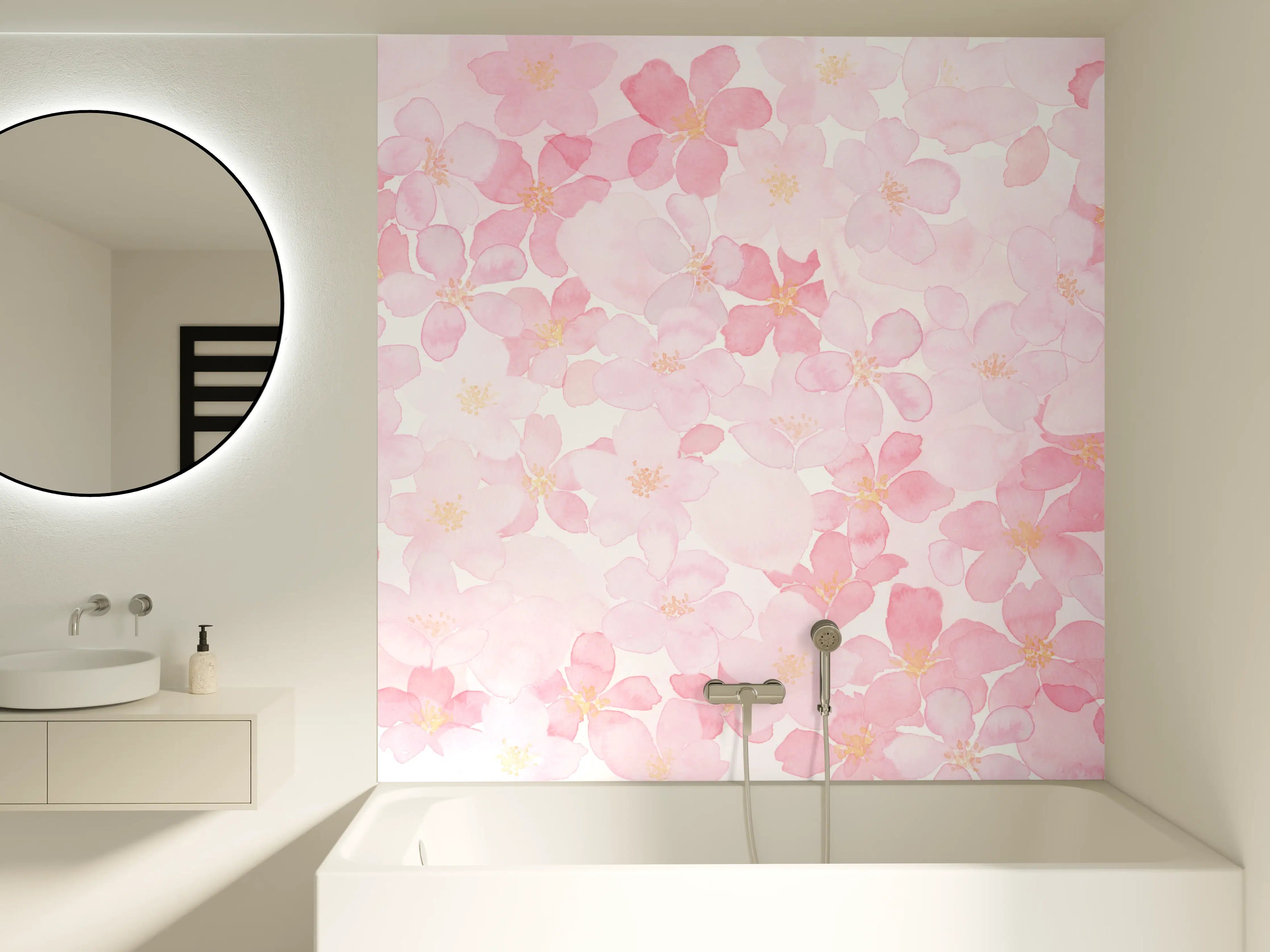 Badewannen-Rückwand - Kirschblüten auf weißem Hintergrund