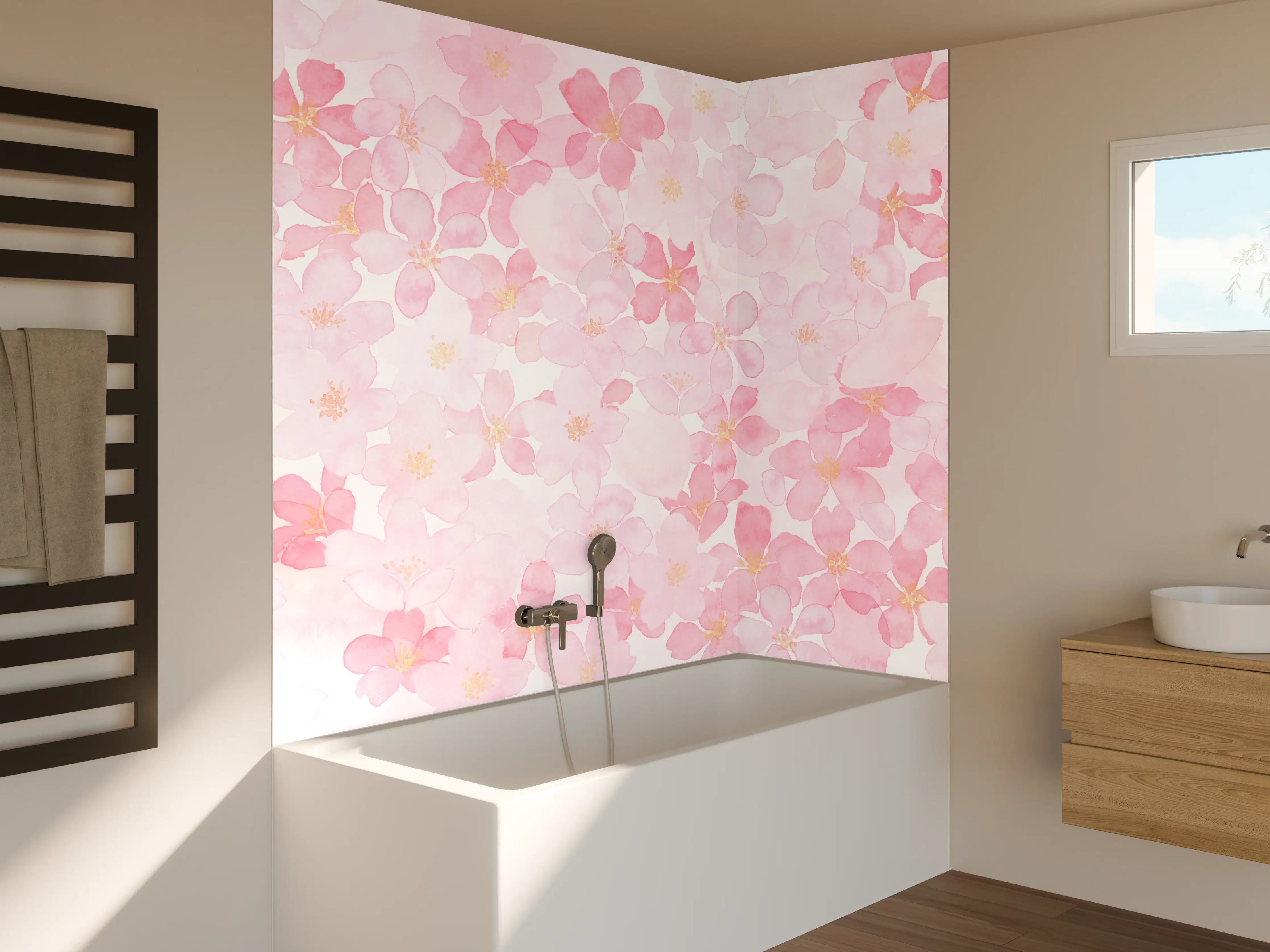 Badewannen-Rückwand - Kirschblüten auf weißem Hintergrund