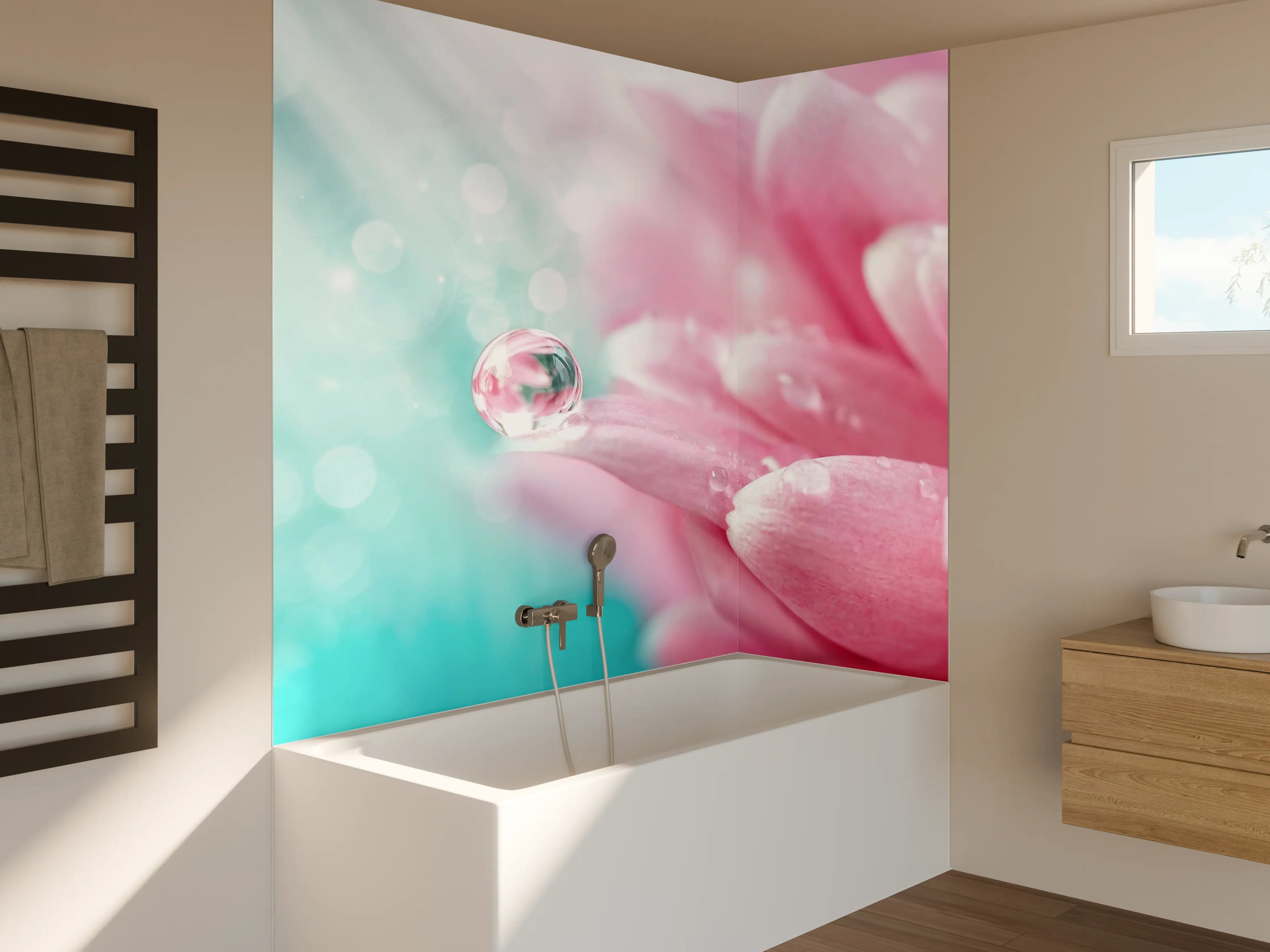 Badewannen-Rückwand - Klarer Wassertropfen auf Chrysantheme