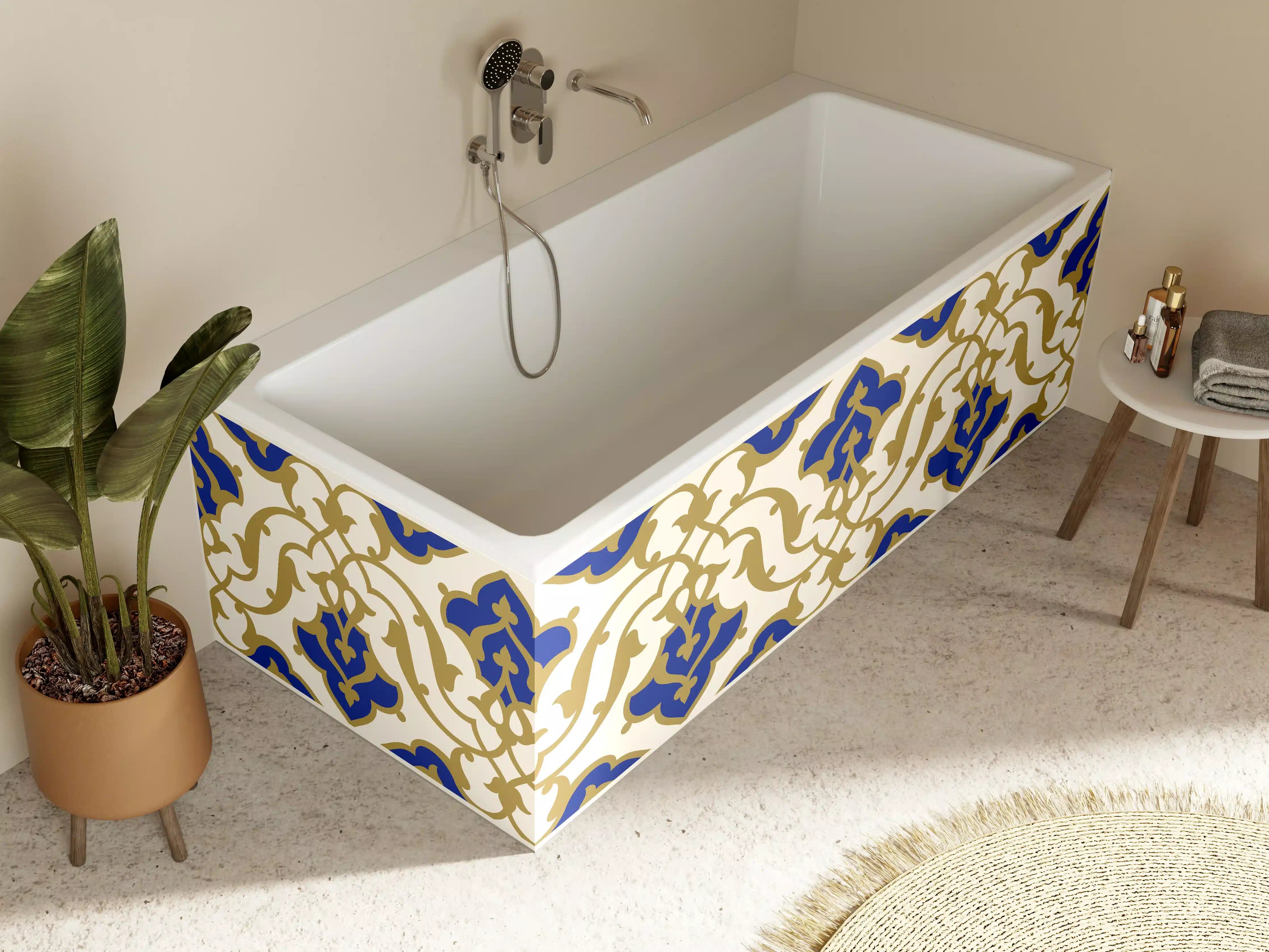Badewannen-Rückwand - Klassischer Fliesenmuster in Blau-Gold