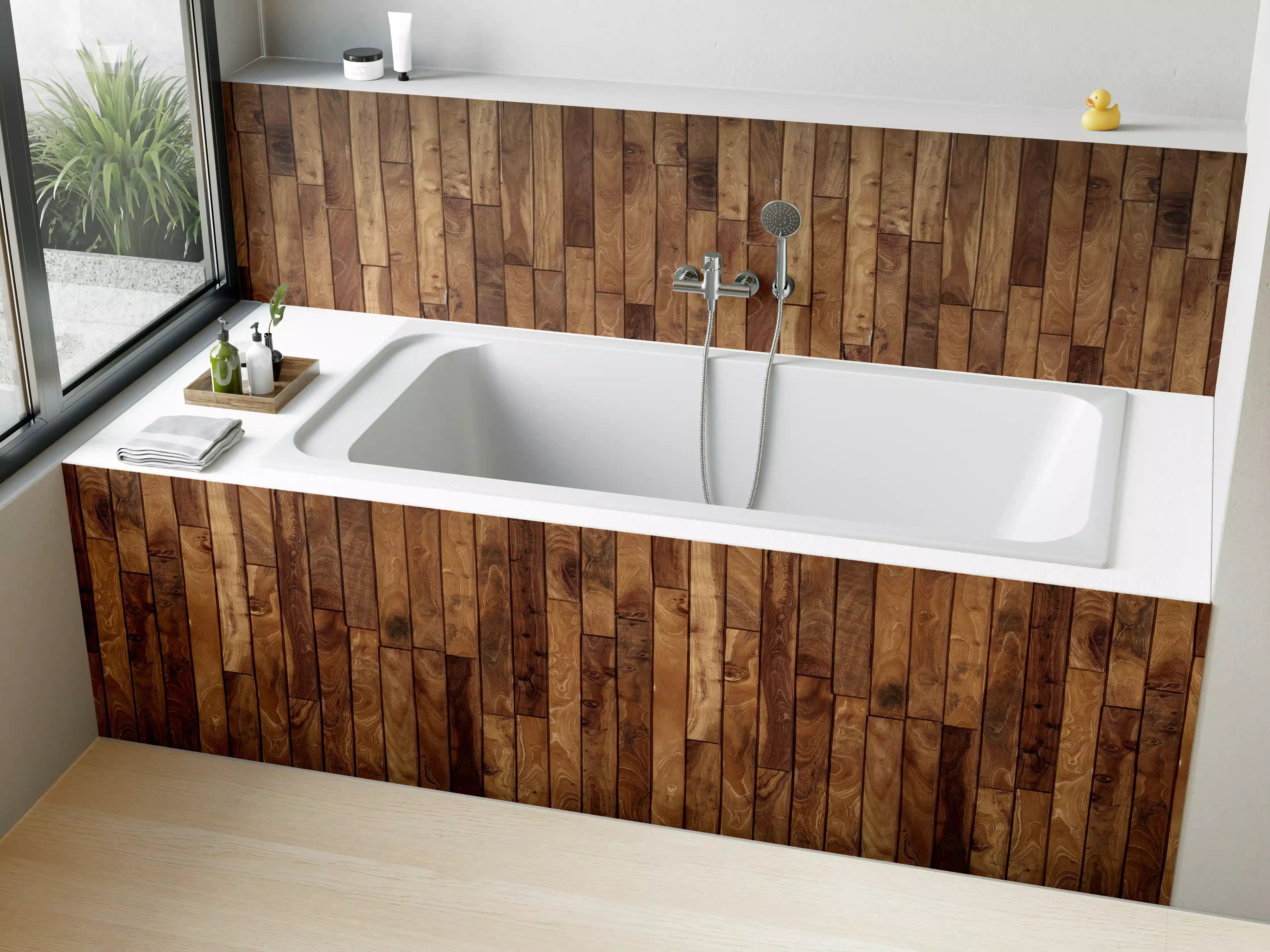 Badewannen-Rückwand - Kleine Kiefernholzstücke