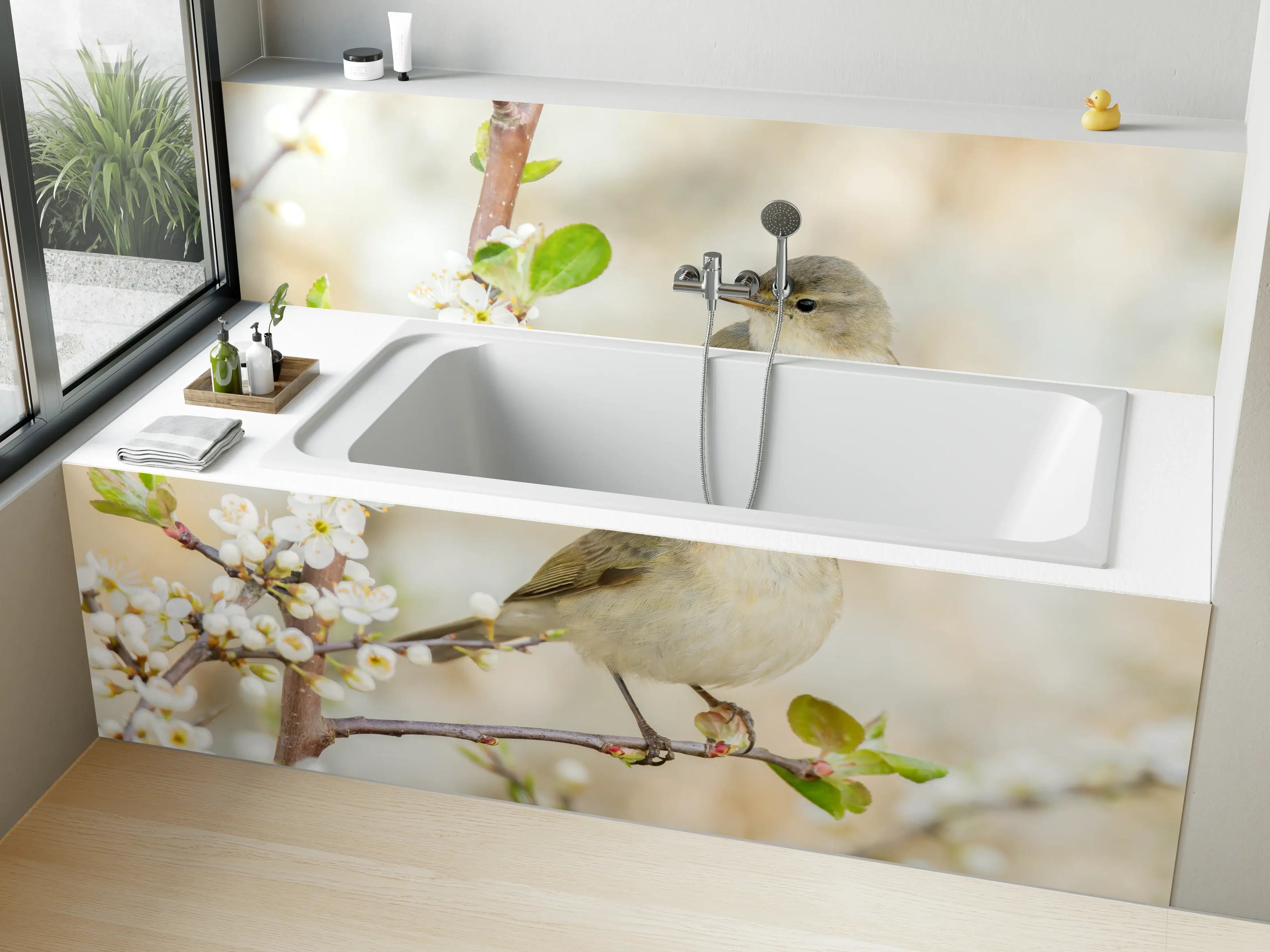 Badewannen-Rückwand - Kleiner Vogel am Baumzweig