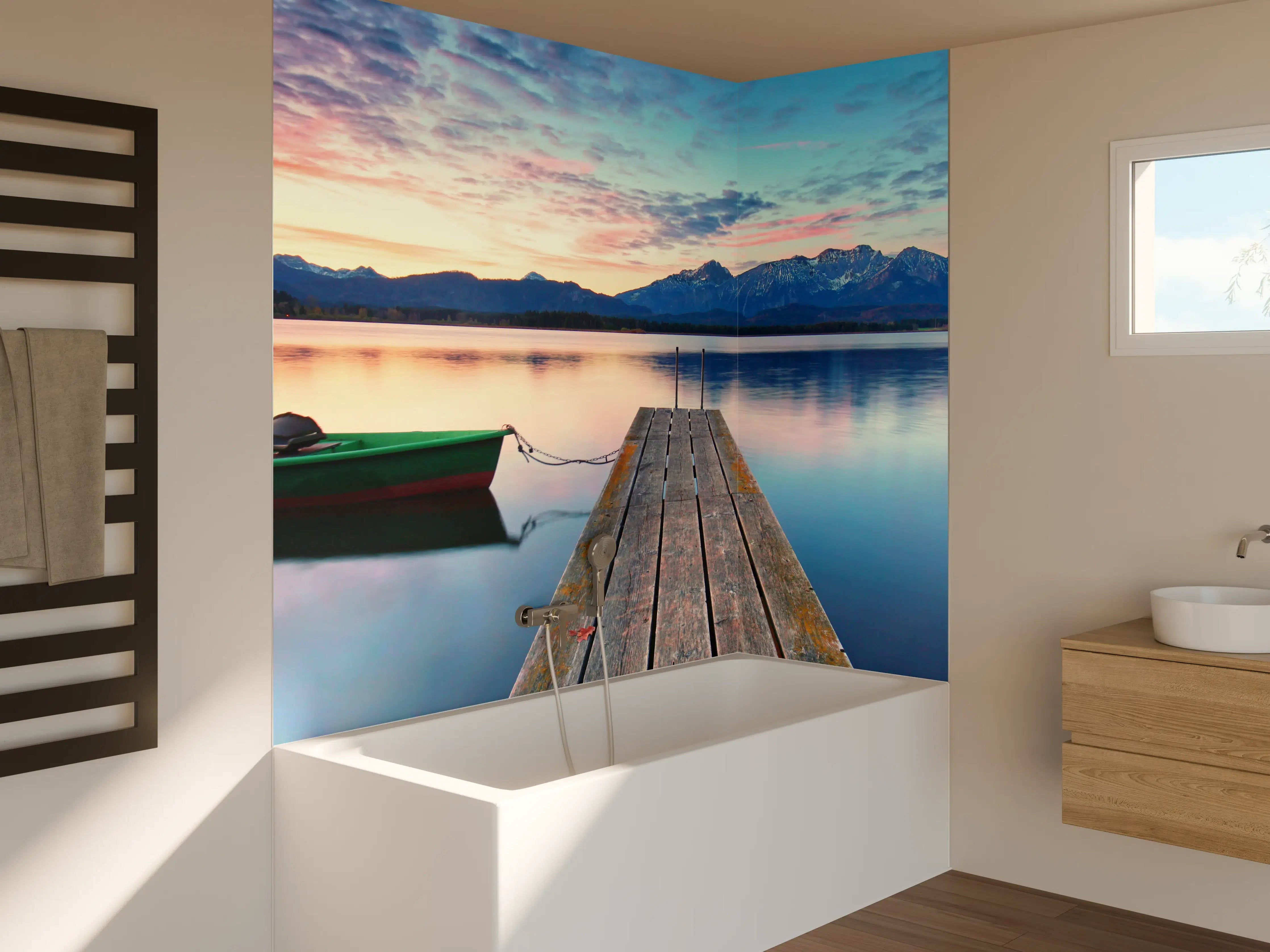 Badewannen-Rückwand - Kleines Boot am Bergsee