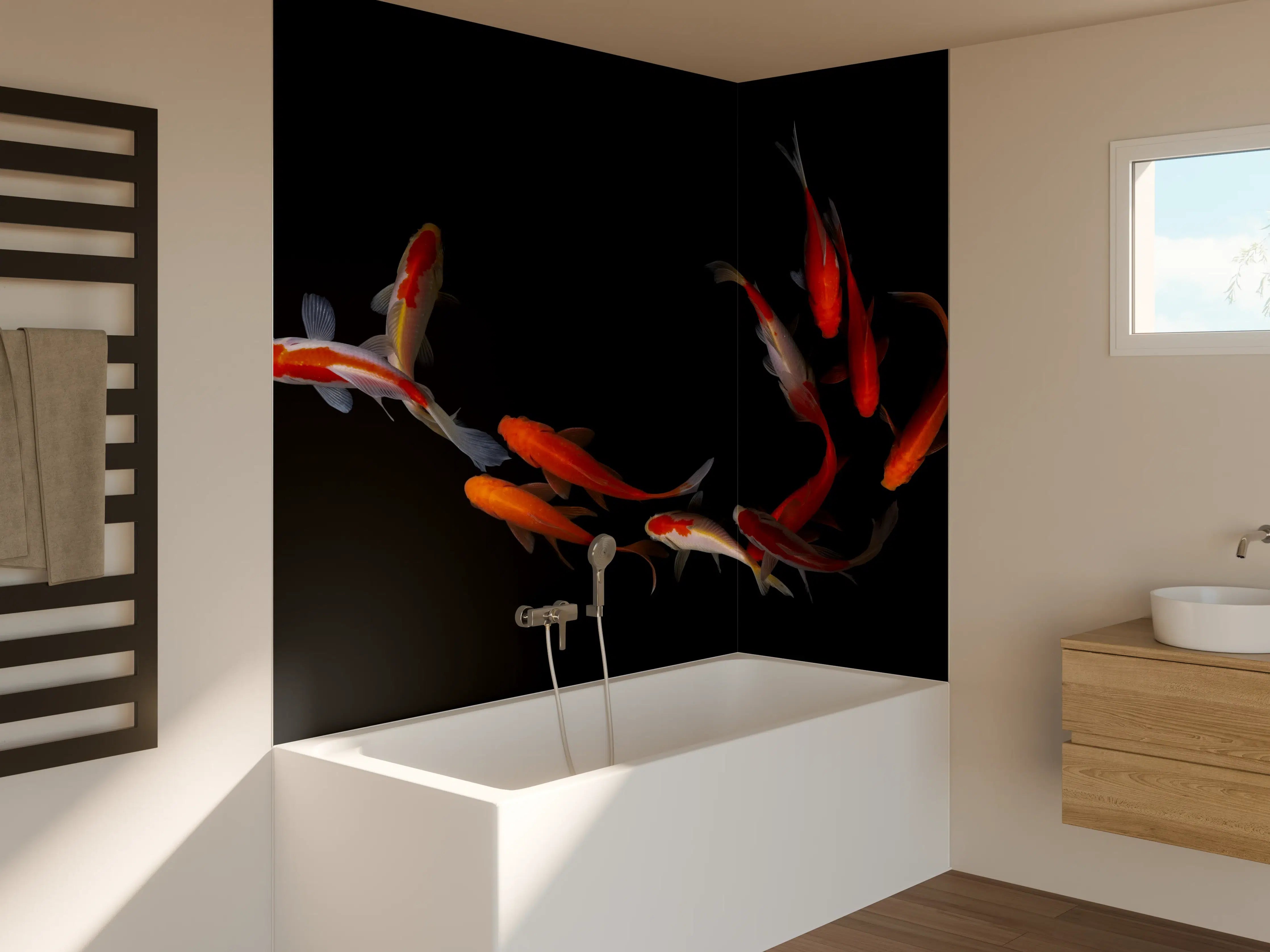 Badewannen-Rückwand - Koi Fische auf schwarzem Hintergrund