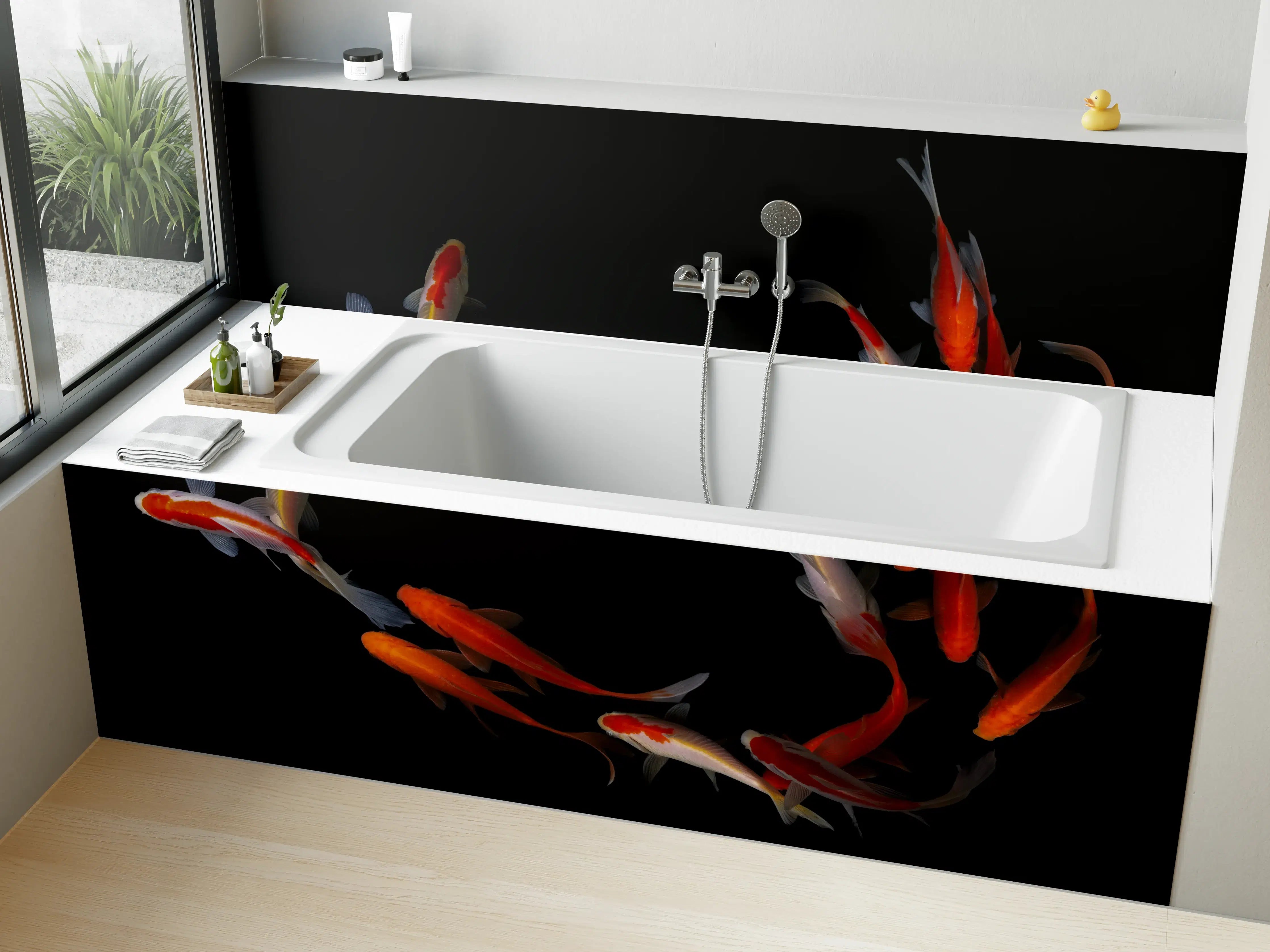 Badewannen-Rückwand - Koi Fische auf schwarzem Hintergrund