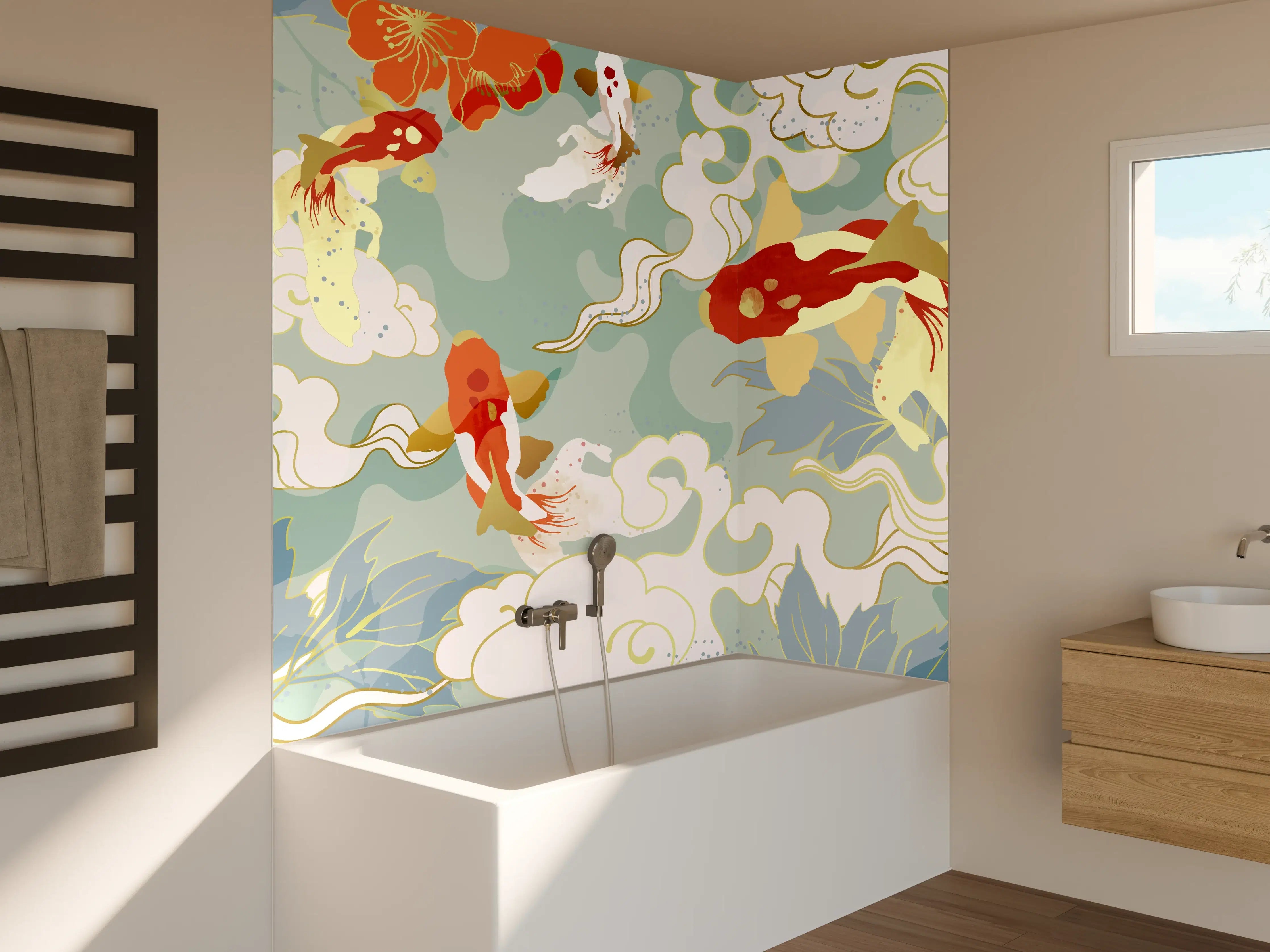 Badewannen-Rückwand - Koi-Karpfen Blütenmuster Tapete