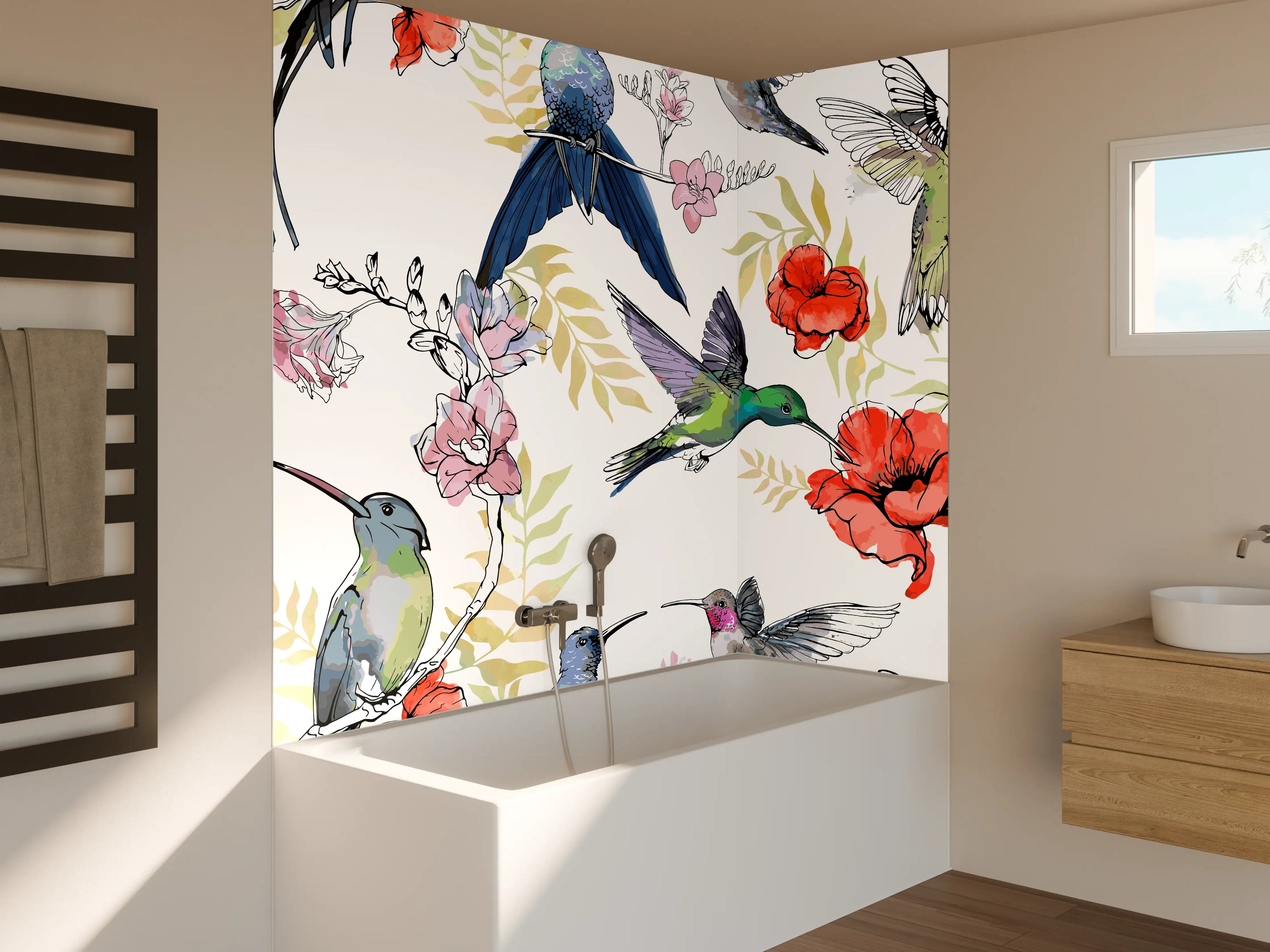 Badewannen-Rückwand - Kolibri Blumenmuster Design