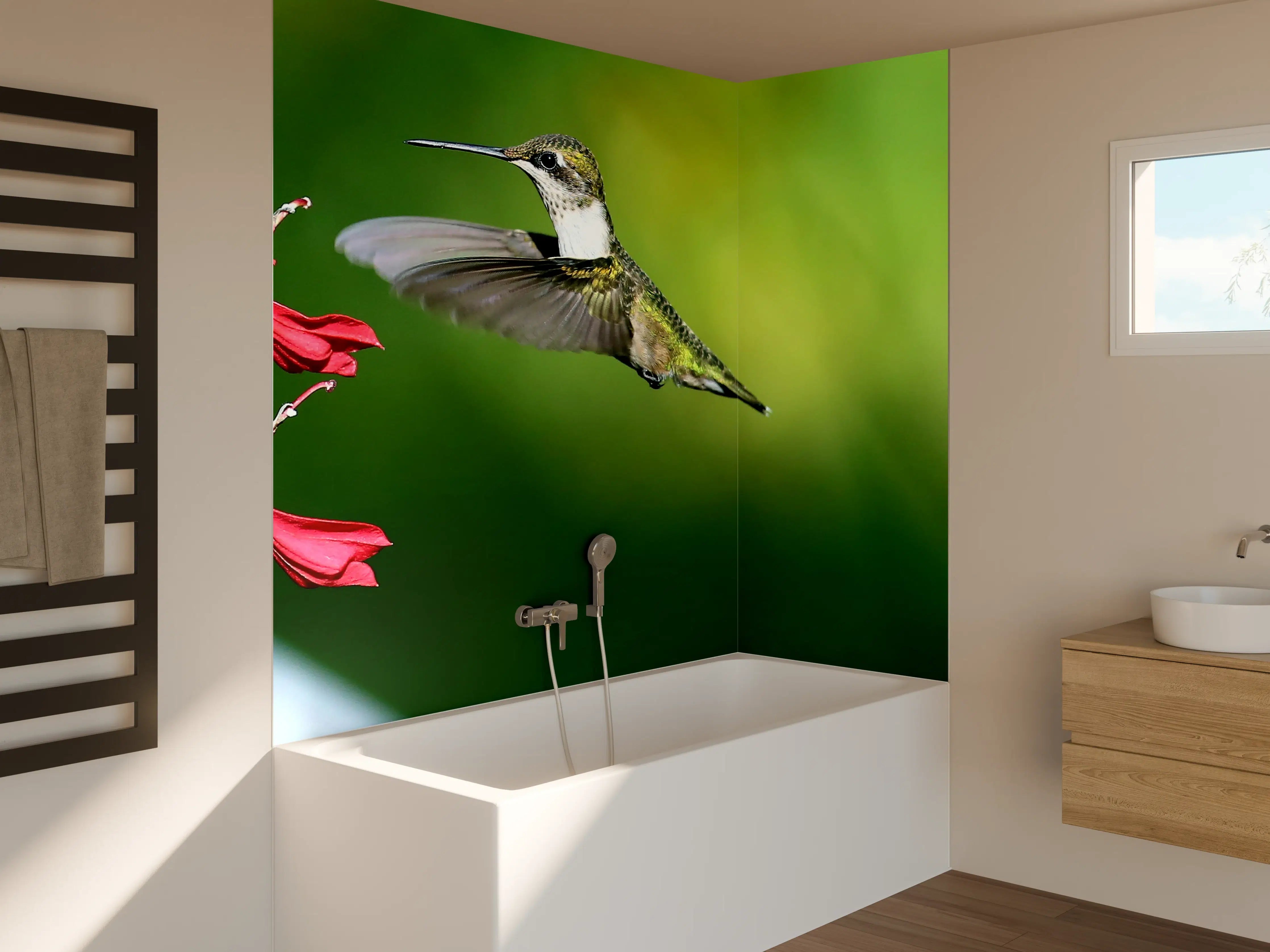 Badewannen-Rückwand - Kolibri-Weibchen im Flug