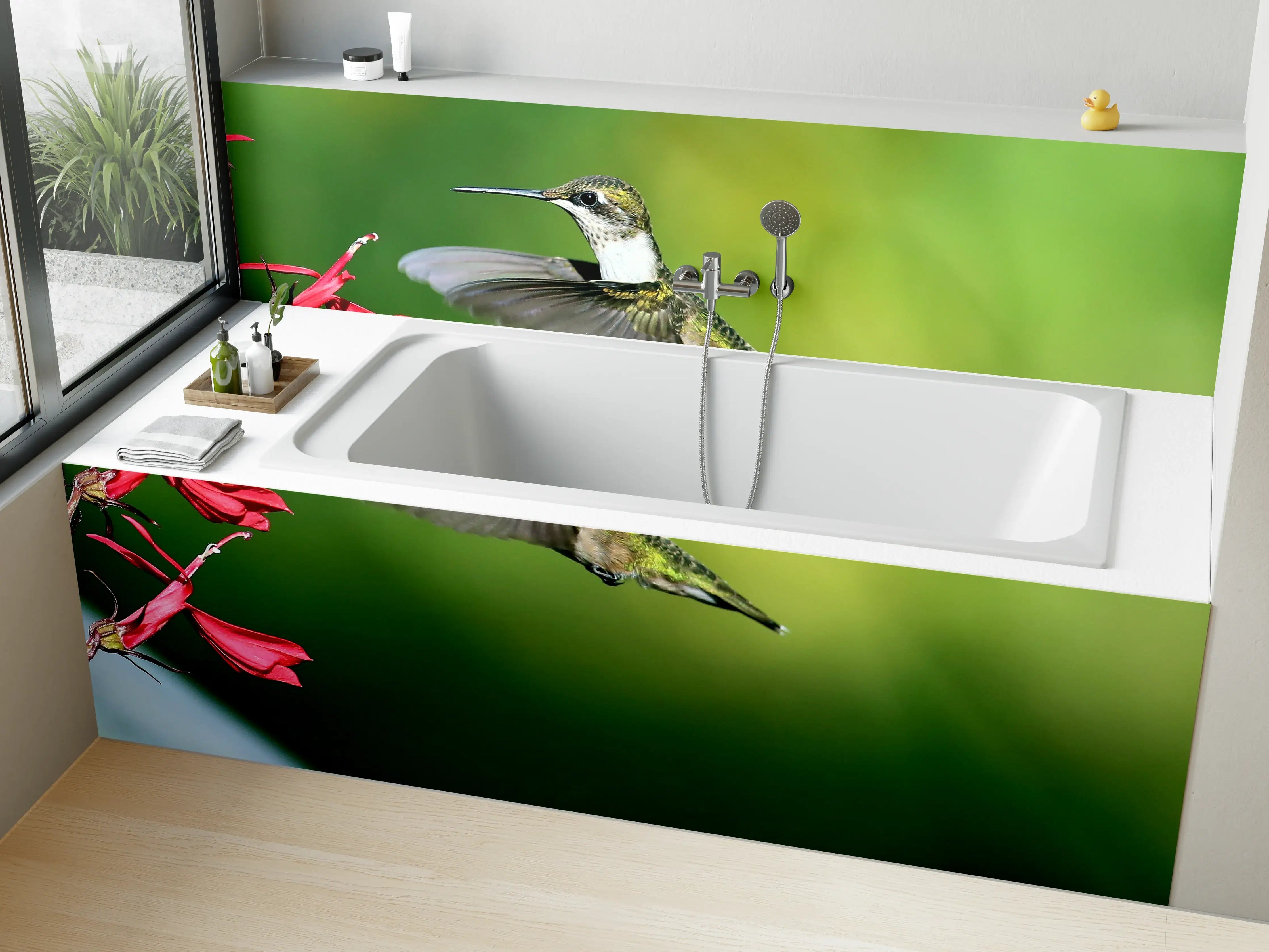 Badewannen-Rückwand - Kolibri-Weibchen im Flug