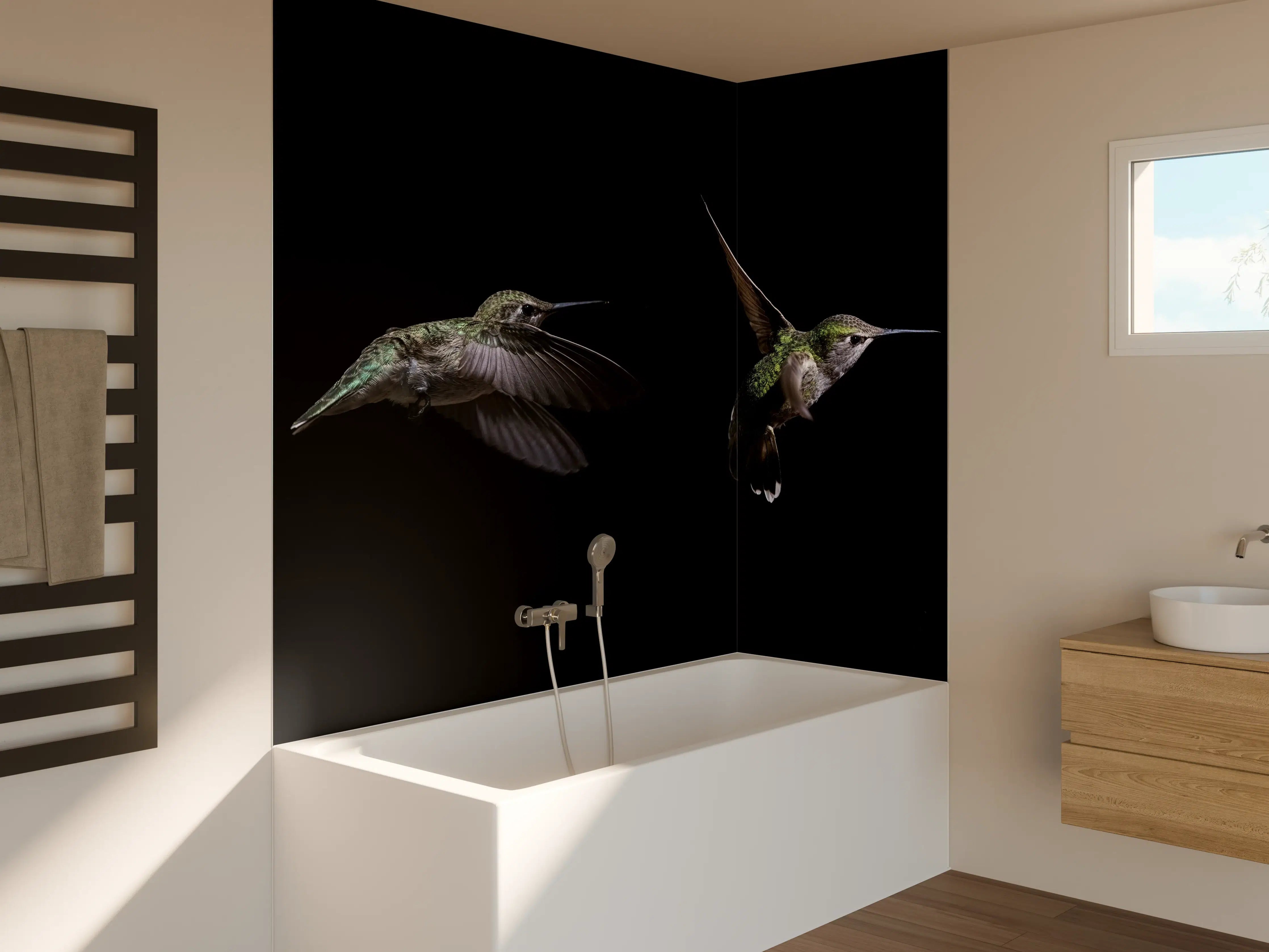 Badewannen-Rückwand - Kolibri beim Fressen der Aloe Vera-Blüte
