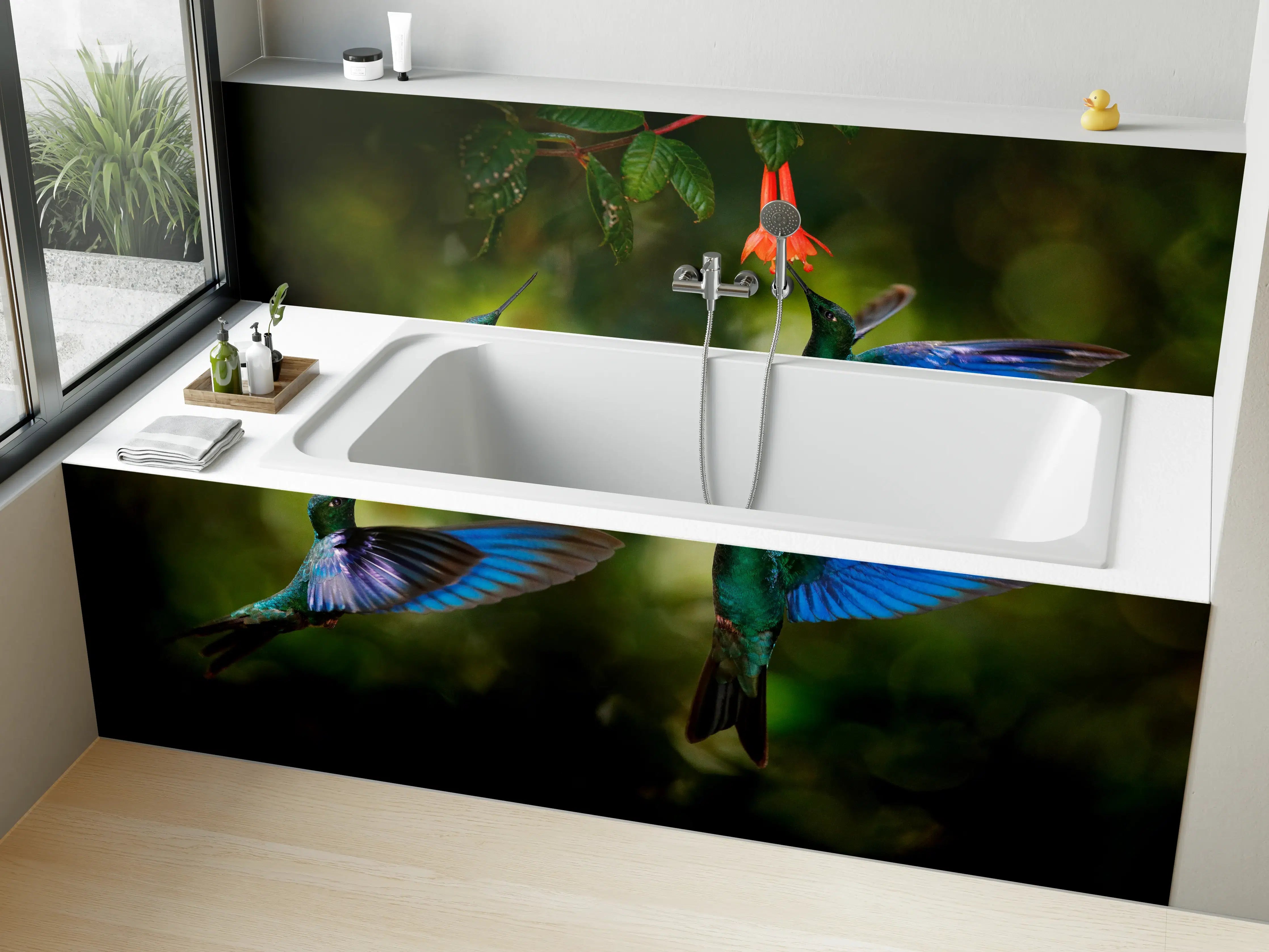 Badewannen-Rückwand - Kolibris an der Blüte 